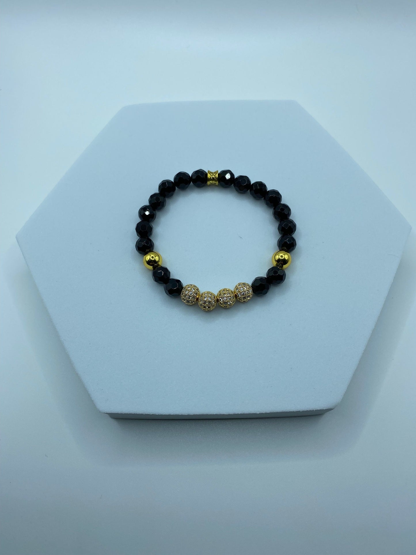 Black Onyx Bracelet for Men: Gold CZ Inlaid Beads, Hematite Gemstone