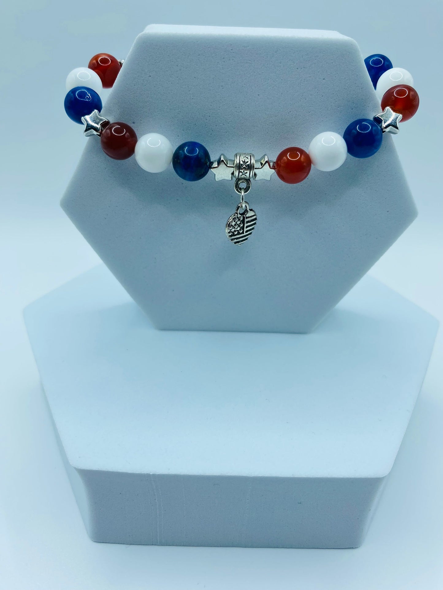 Handmade Jewelry Star Bracelet with Heart Shaped American Flag, Natural Gemstone Beads, Charm Bracelet