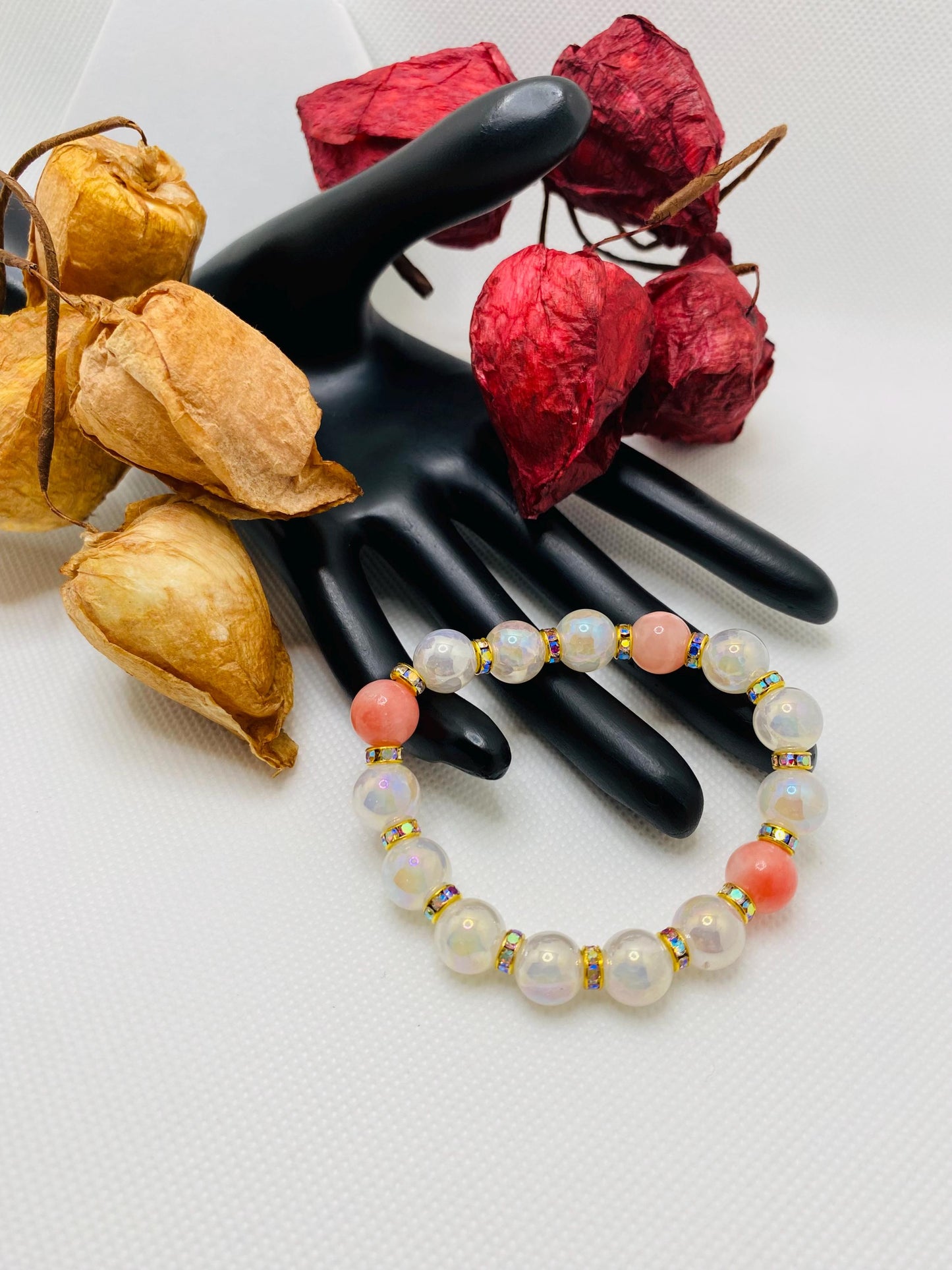 Snow Quartz & Pink Gemstone Bracelet: 18k Gold Plated Rondelles