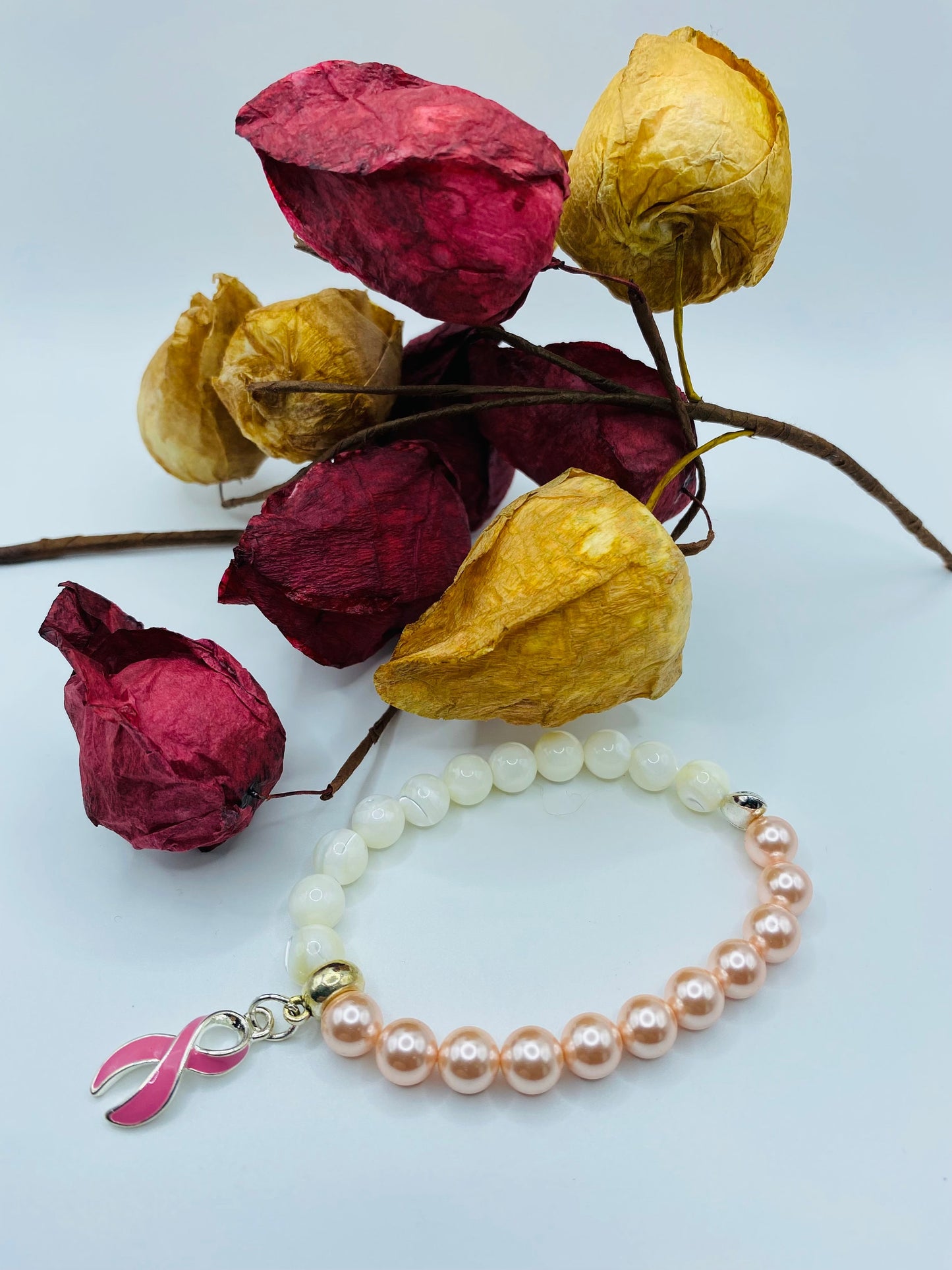 Mother of Pearl Breast Cancer Awareness Bracelet with Pink Ribbon Charm
