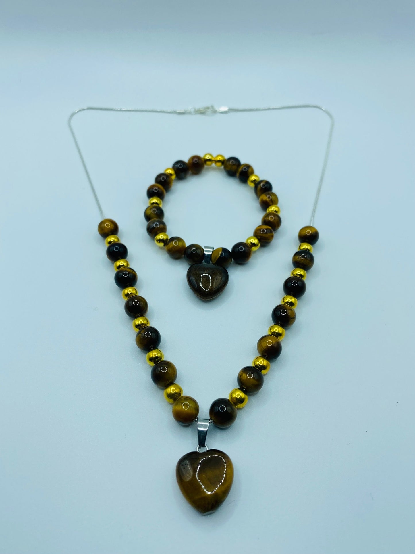 Tiger's Eye Heart Necklace & Bracelet Set: Gold Plated Hematite Beads
