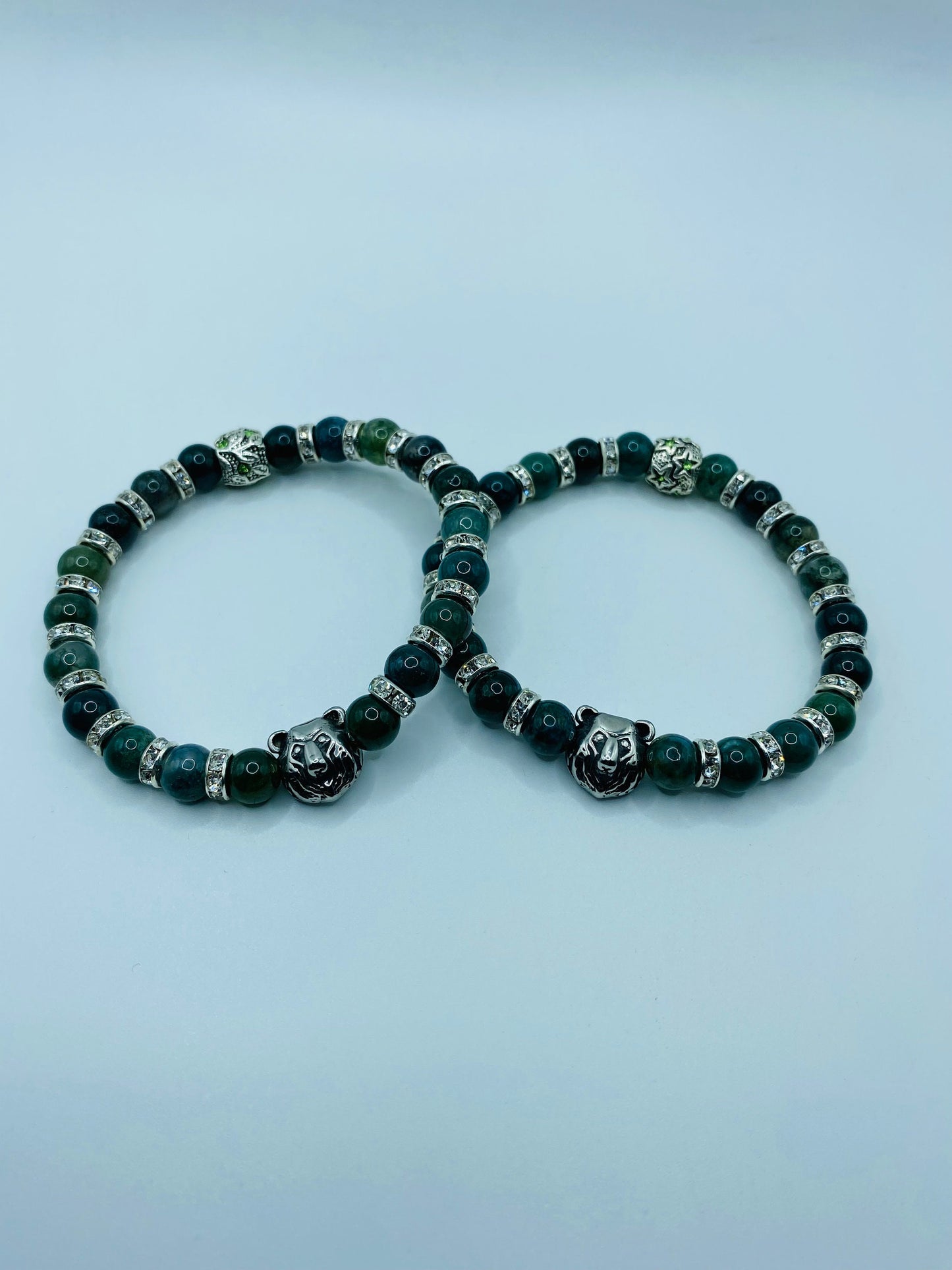 Mens Moss Agate Beaded Bracelet with Stainless Steel Bear Charm