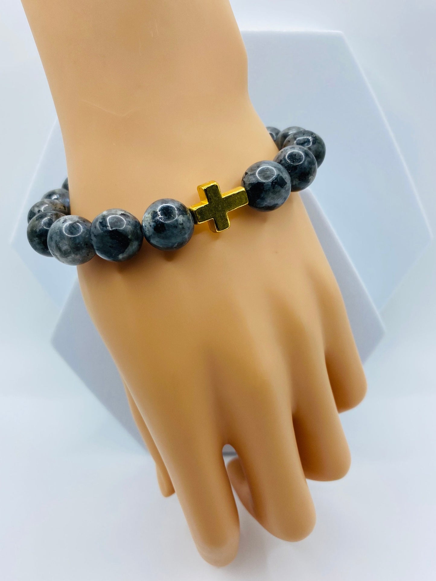 Labradorite Bracelet with Gold Cross Charm: Religious Jewelry Gift