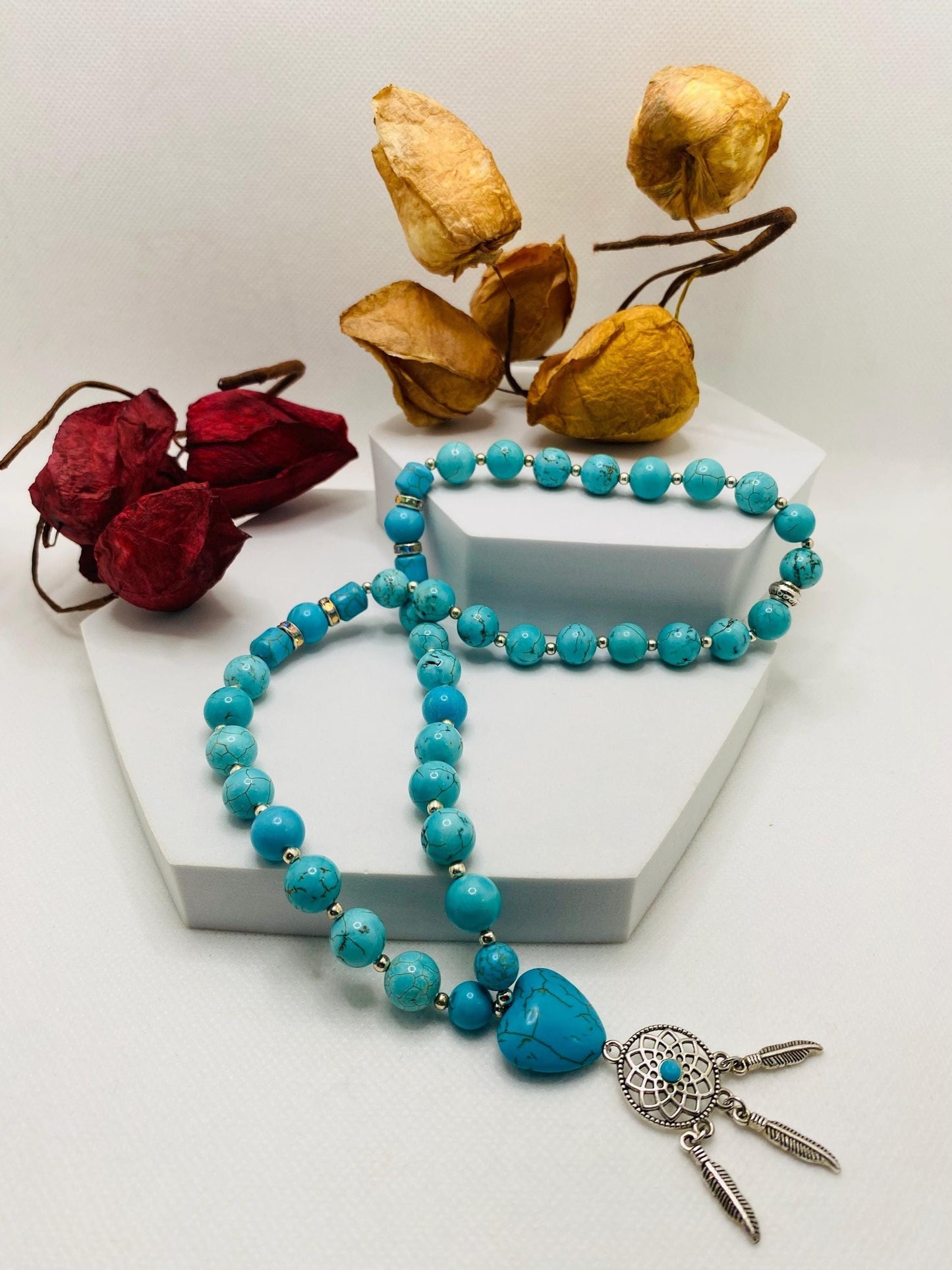 Handmade Turquoise Heart Necklace: Boho Dreamcatcher Pendant