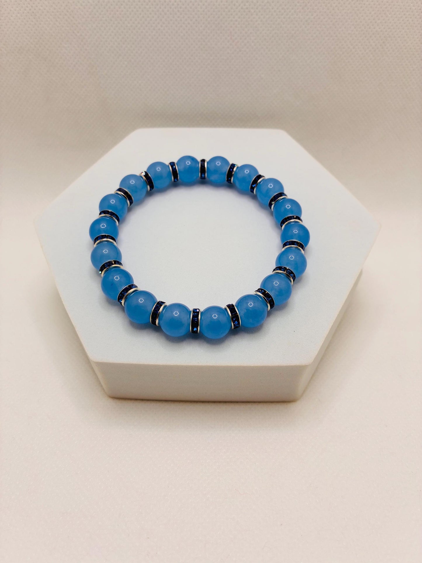 Aquamarine Blue Chalcedony Gemstone Bracelet with Blue Rhinestone Rondelles