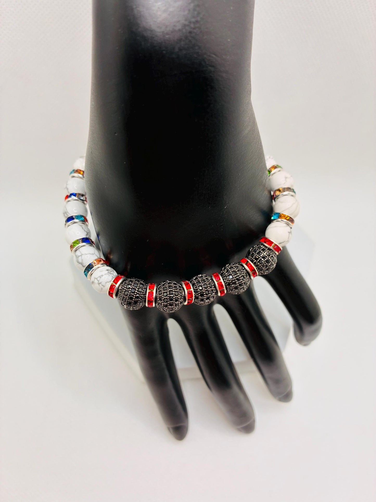 Womens Howlite Bracelet with Zircon Paved Rhinestone Charm Beads, Rainbow Bracelet