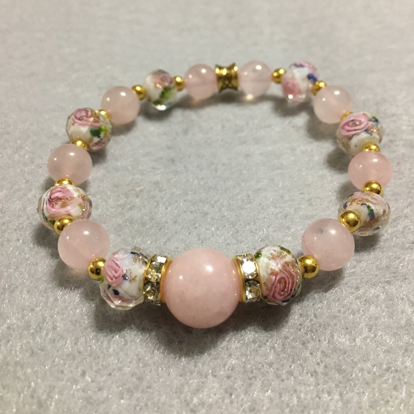 Handmade Rose Quartz Bracelet: Lampwork Floral Glass Beads