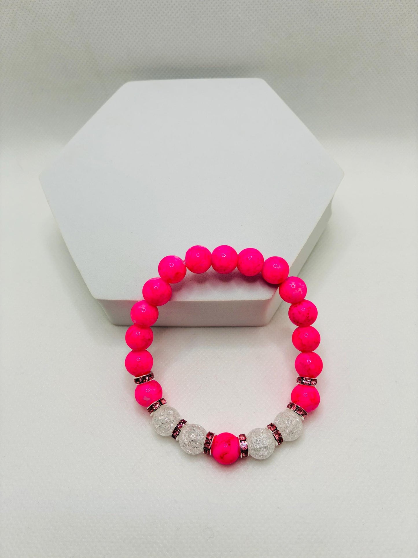 Hot Pink Crystal Glass Bead & Crackle Quartz Bracelet with Silverplated Pink Rhinestone Rondelles