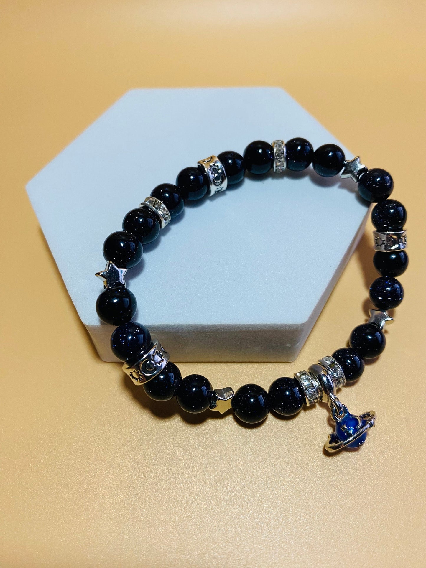 Charm Bracelet, White Gold Bracelet with Saturn Celestial Jewelry, Blue Sandstone Gemstone Beads