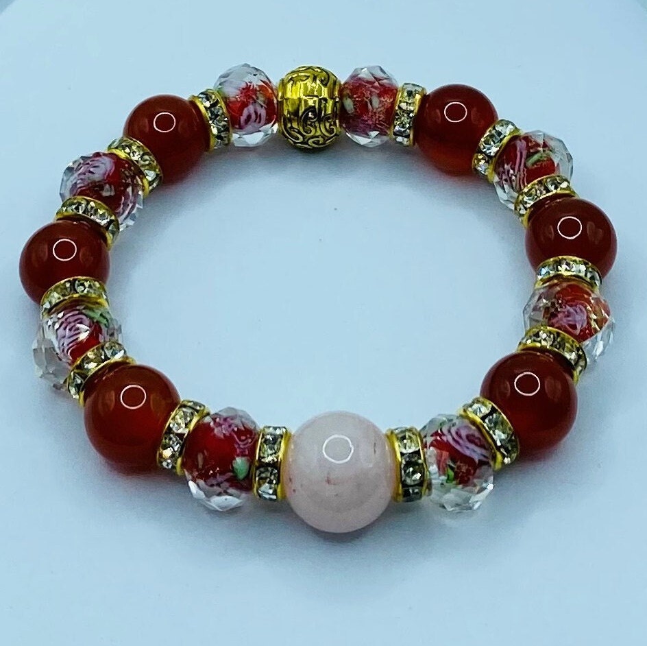 Rose Quartz Bracelet: Red Carnelian, Lampwork Floral Glass Beads