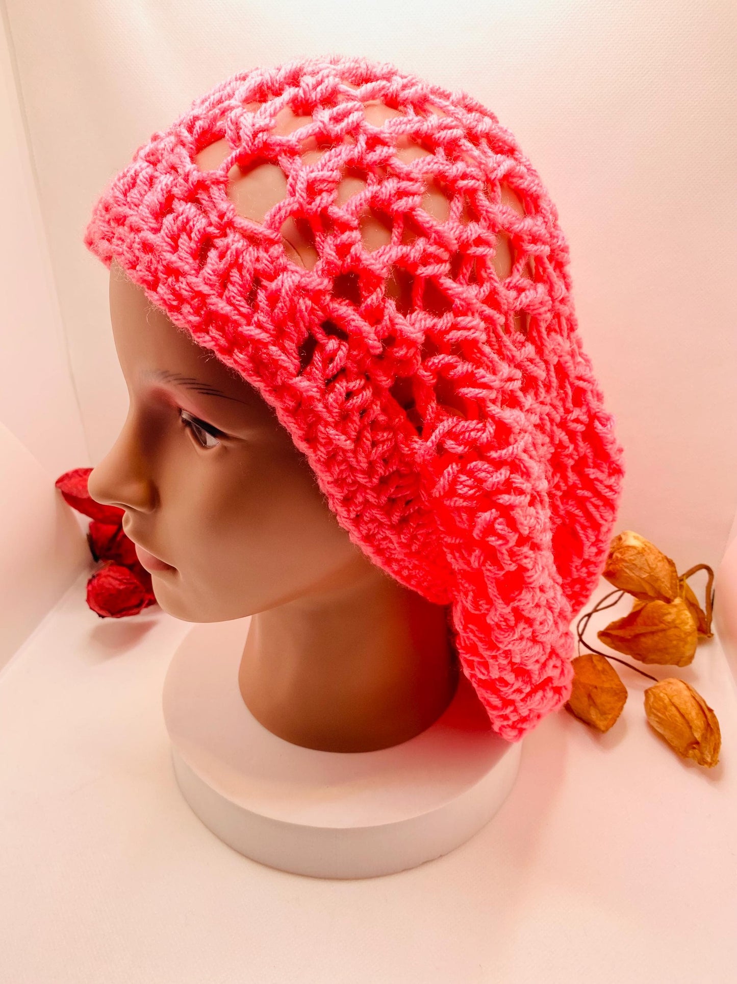 Pink Crochet Slouchy Beanie: Handmade Acrylic Dreadlock Hat