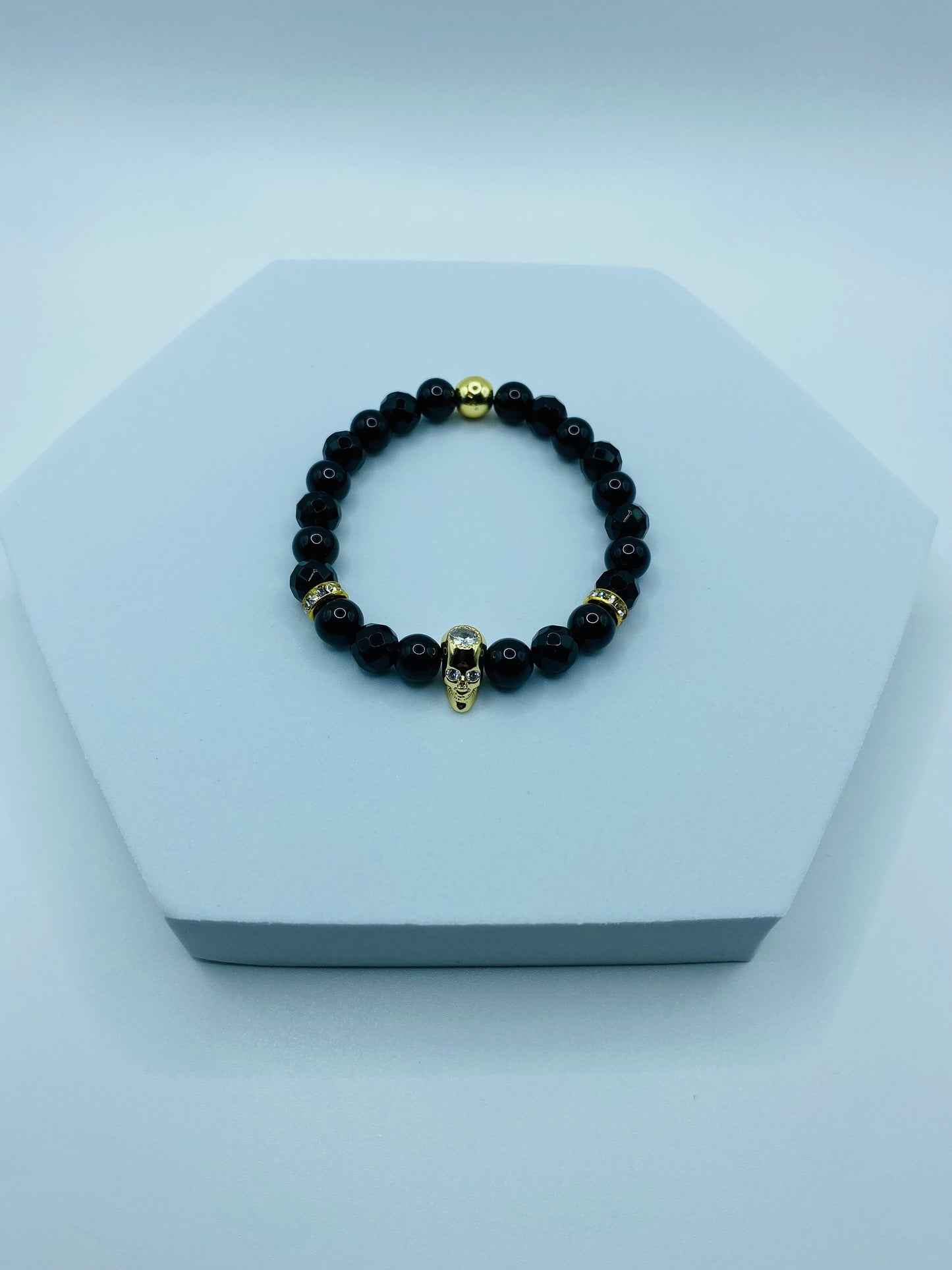 Black Onyx Bracelet: Golden CZ Skull Bead, Goth Jewelry