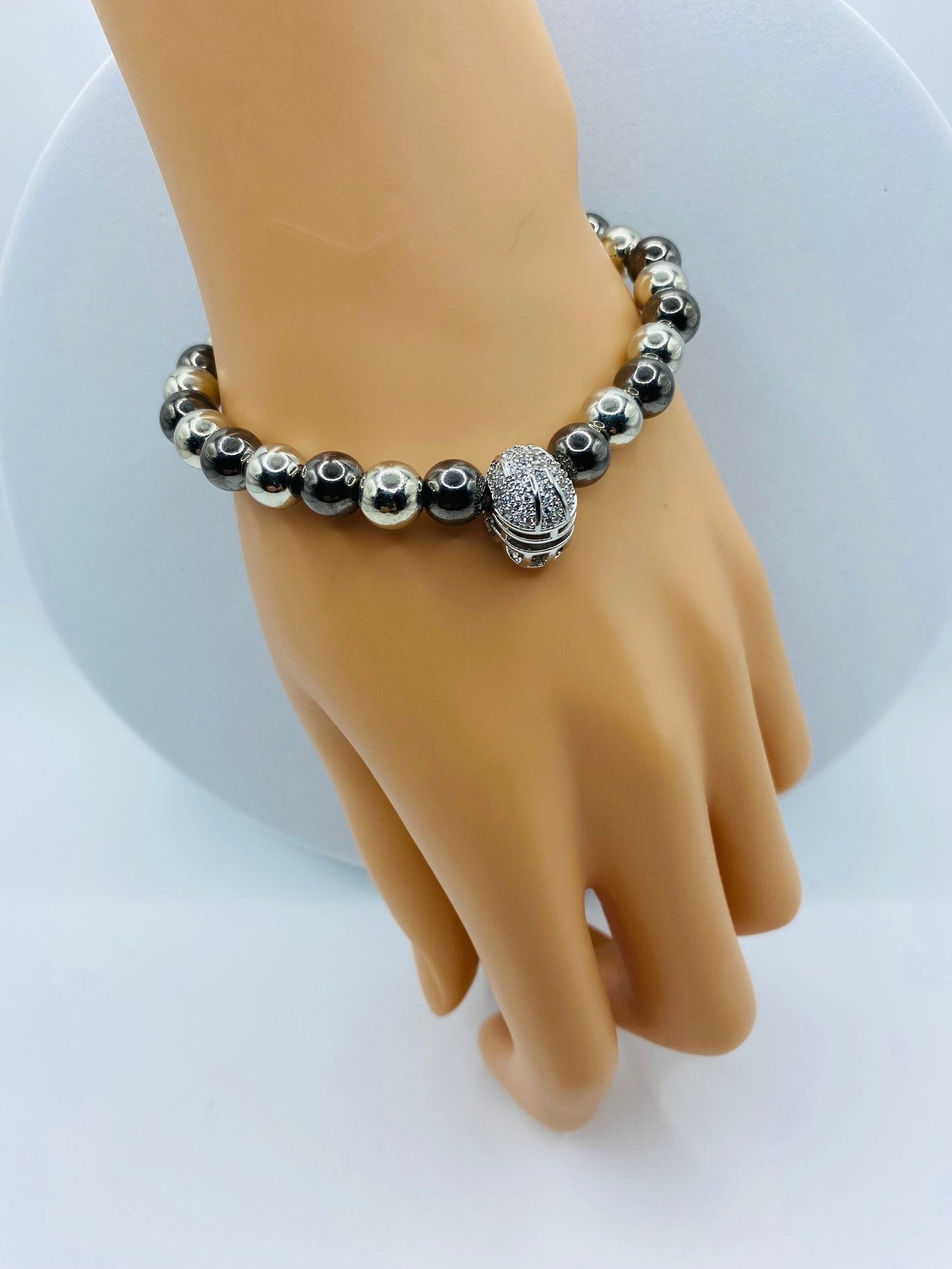 Las Vegas Raiders Bracelet: Hematite Gemstone Beads, CZ Football Helmet
