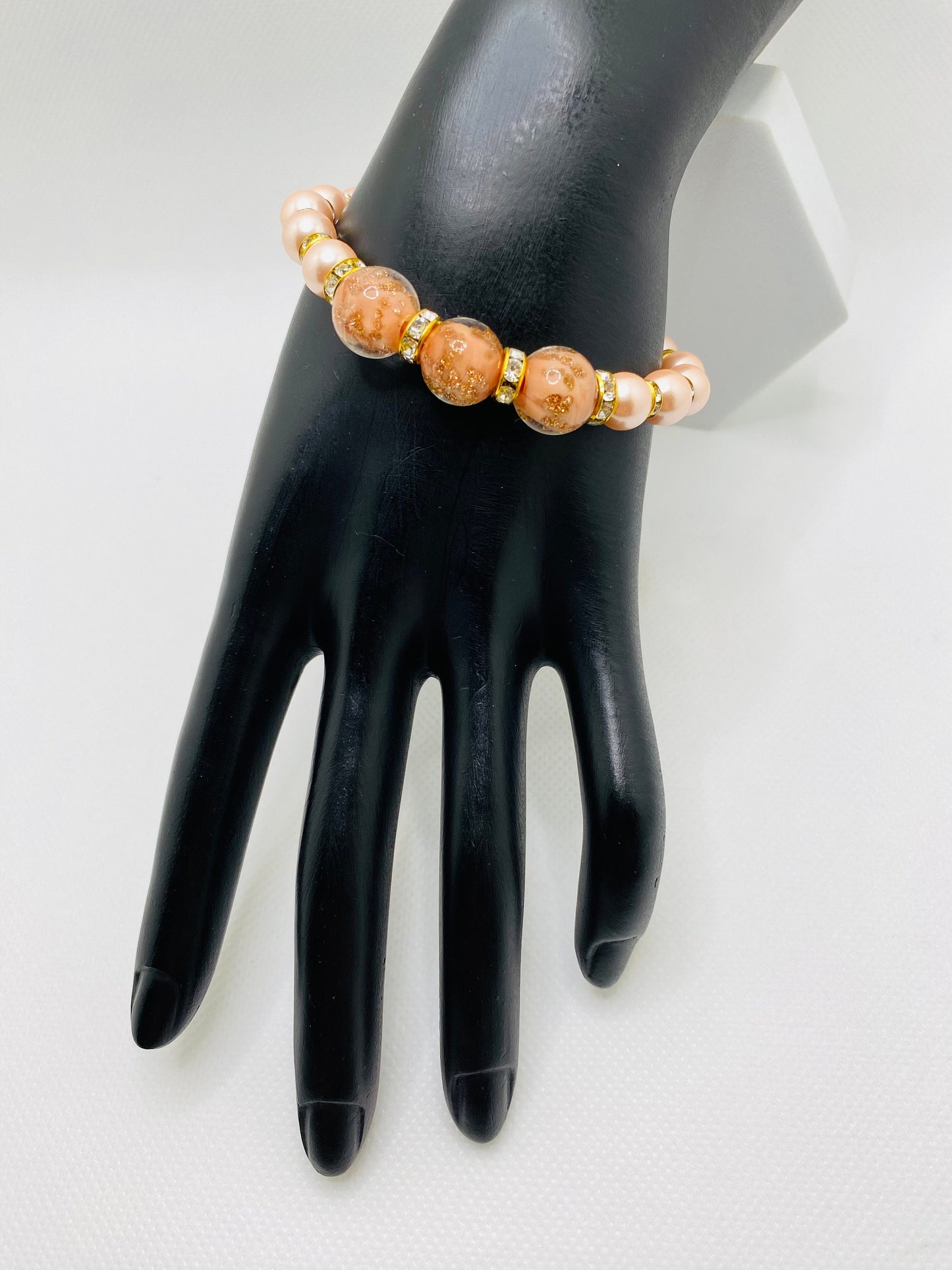 Pink Mother of Pearl Bracelet: Lampwork Glass Beads & Gold Rondelles