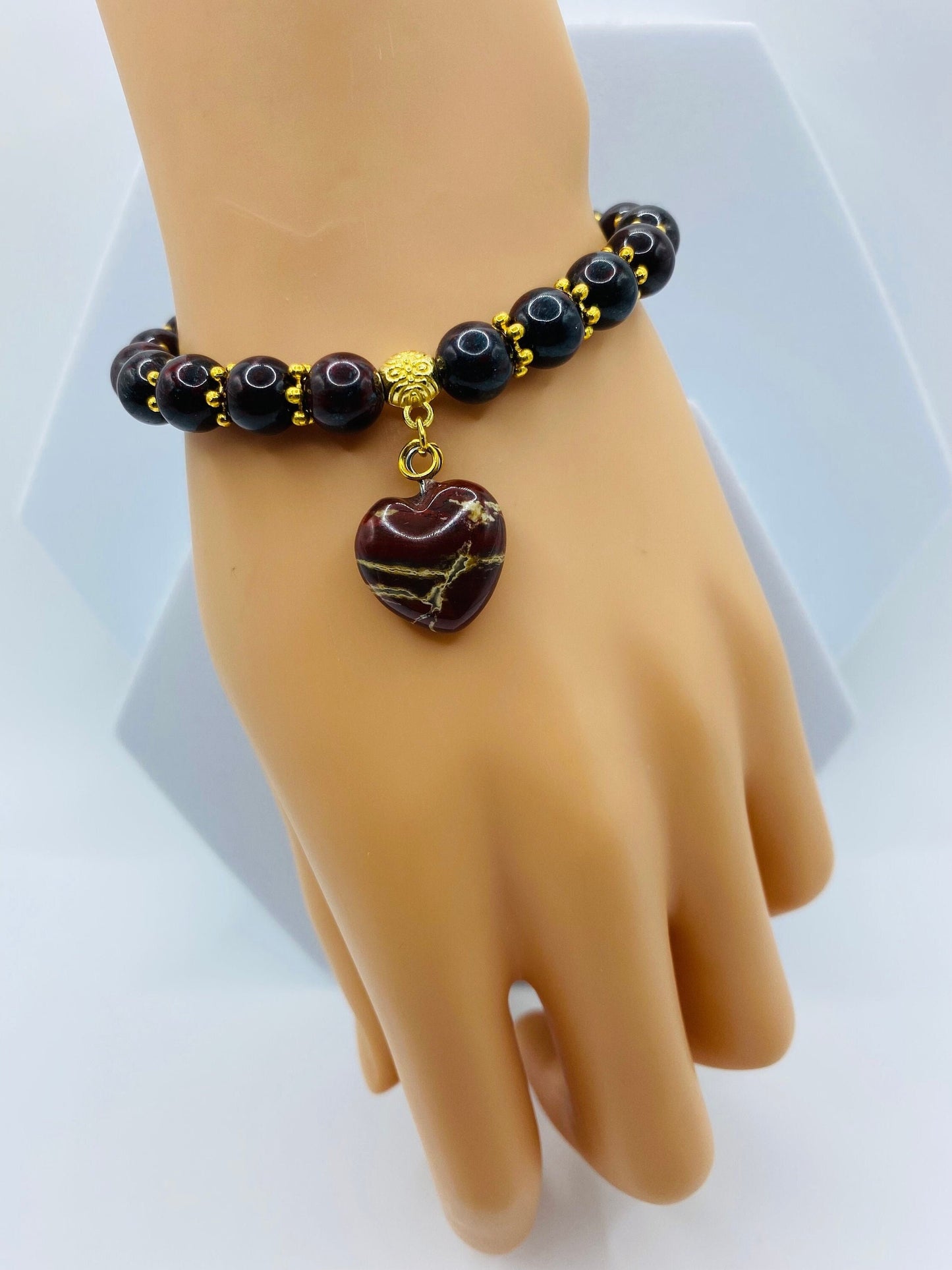 Poppy Jasper Heart Pendant Bracelet: Gold Accents, Gemstone Beads