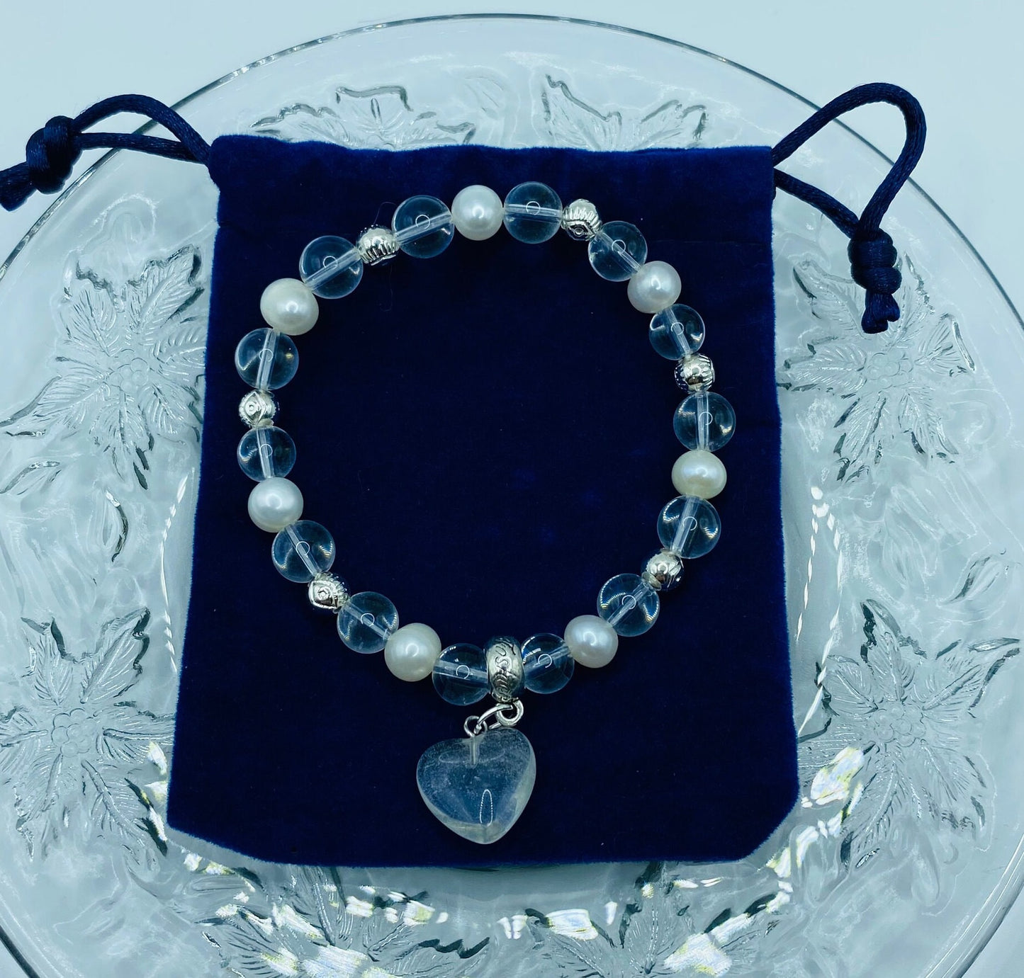 Clear Quartz Crystal Bracelet: Baroque Pearls & Heart Charm