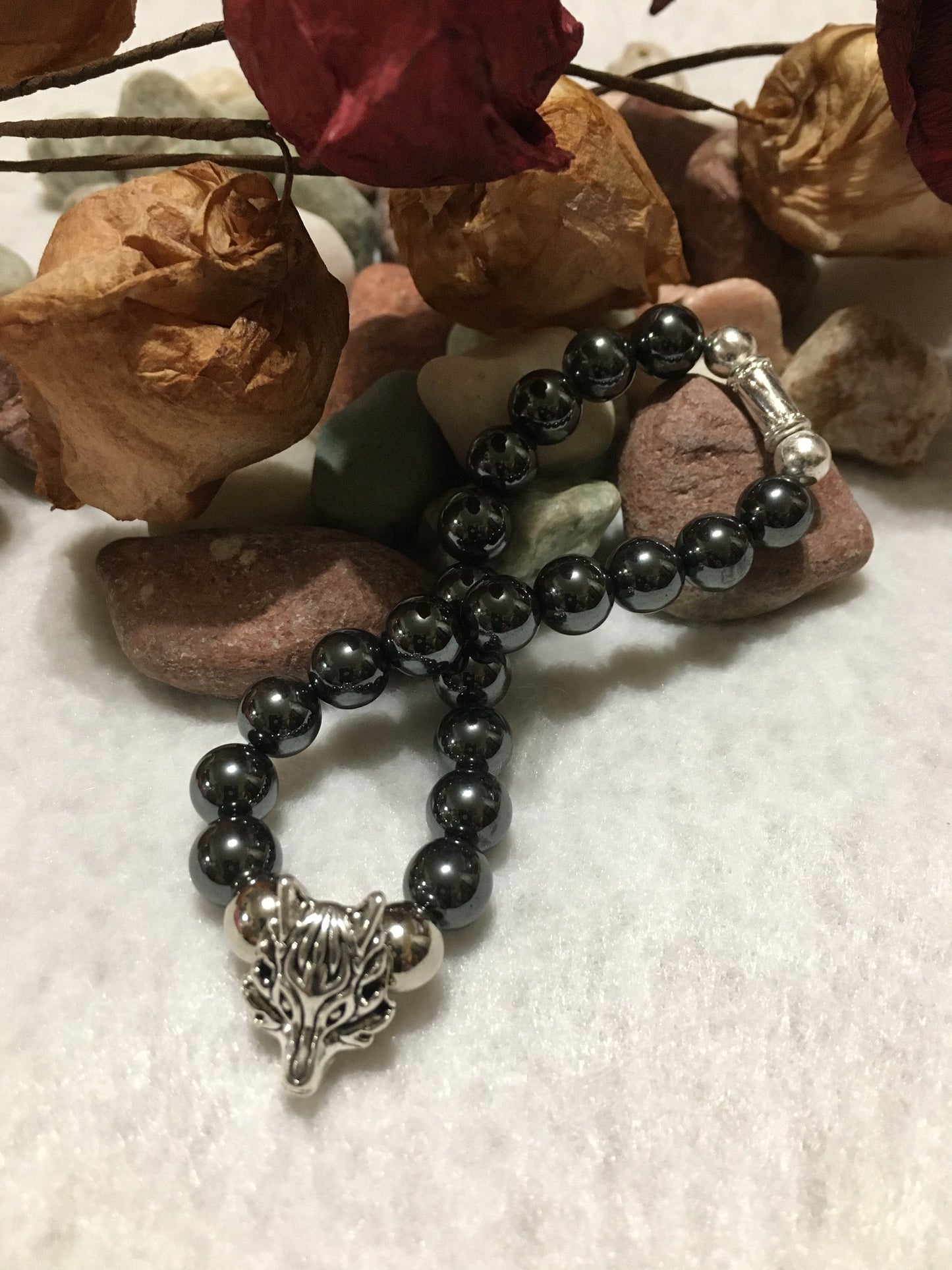 Silver Wolf Charm Bracelet with Hematite Gemstone Beads
