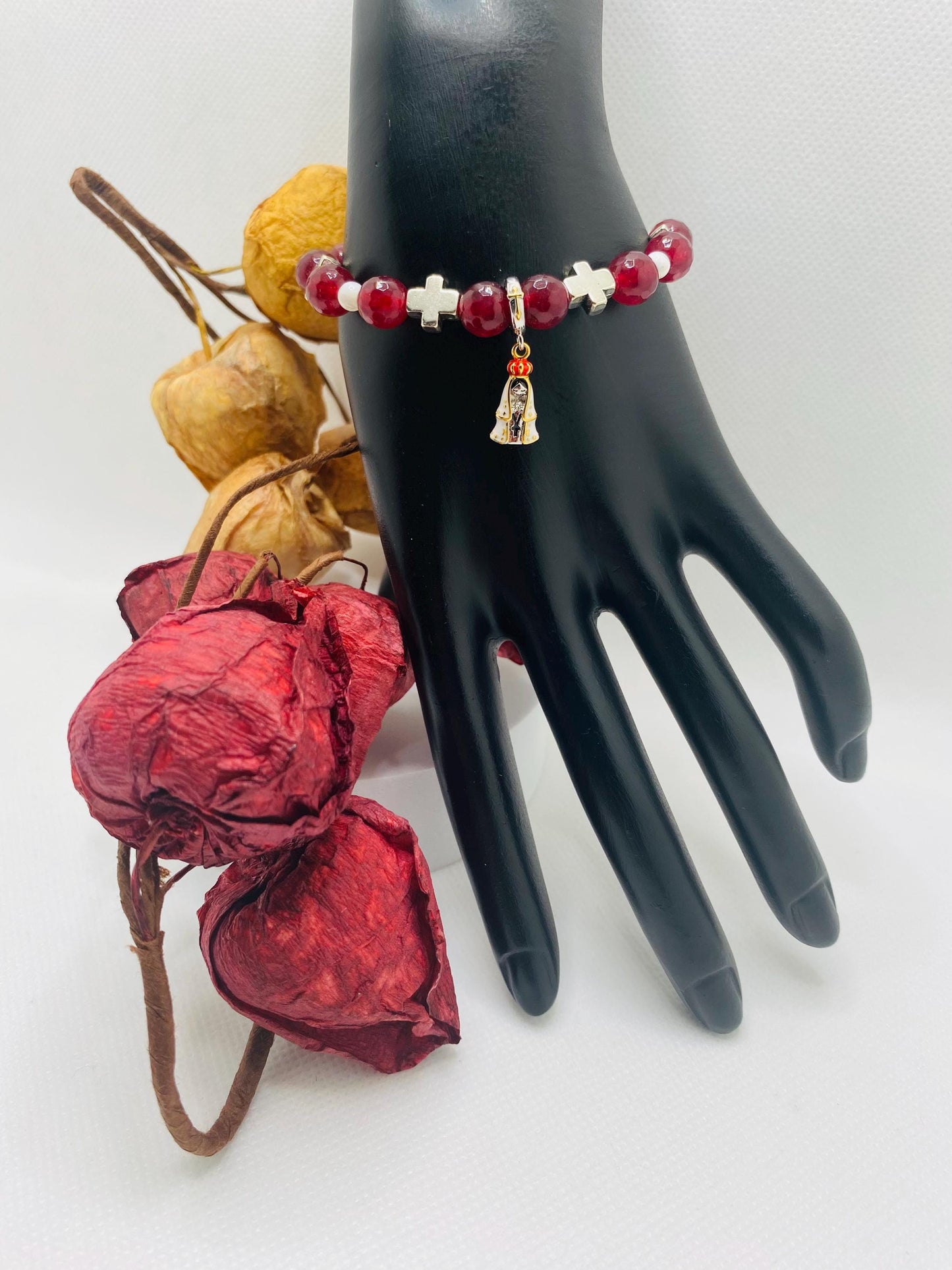 Carnelian Rosary Bracelet: Mary of Nazareth Cross Charm