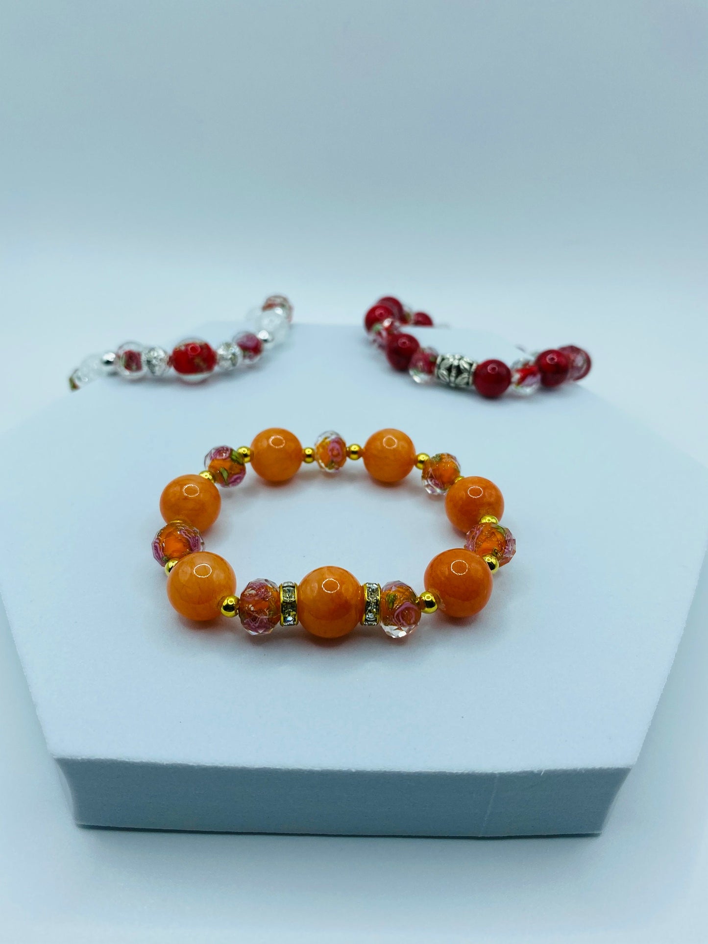 Jade Bracelet Handmade Jewelry for women, orange floral lampwork Glass Beads - Flower Bead Bracelet