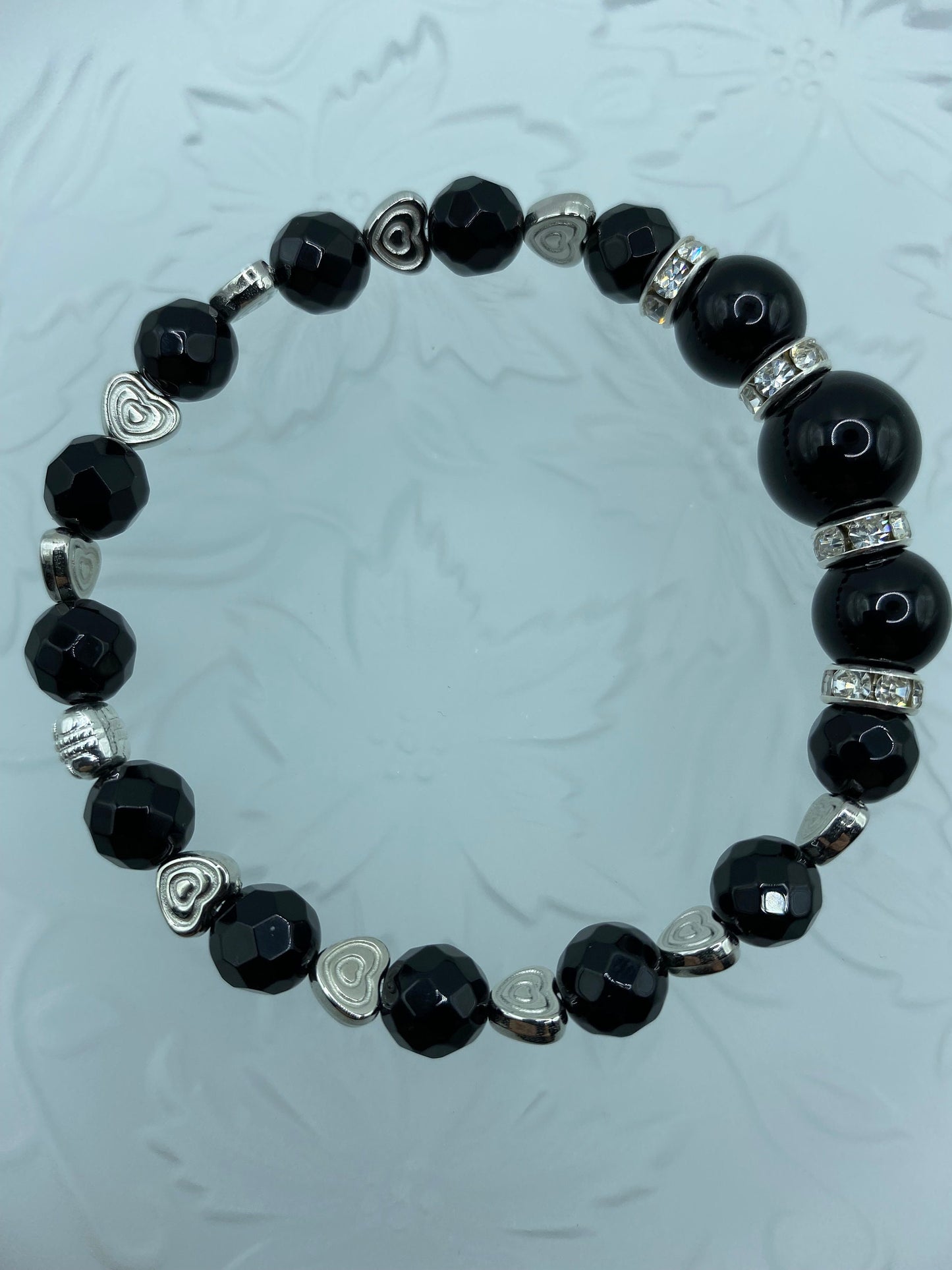 Black Onyx Bracelet: White Gold Heart Charm, Rhinestone Rondelles