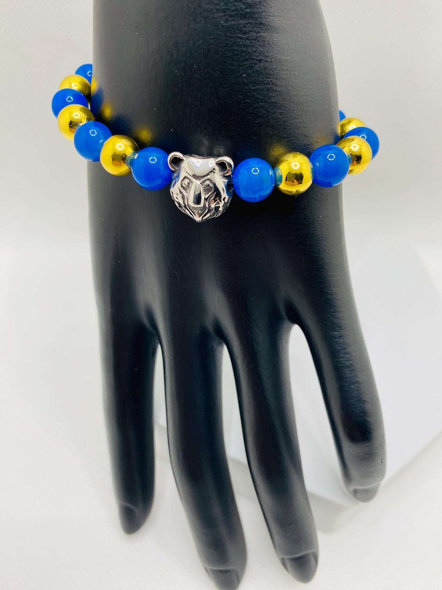 UCLA Bruins Bracelet: Blue Agate, Gold Hematite, Bear Charm