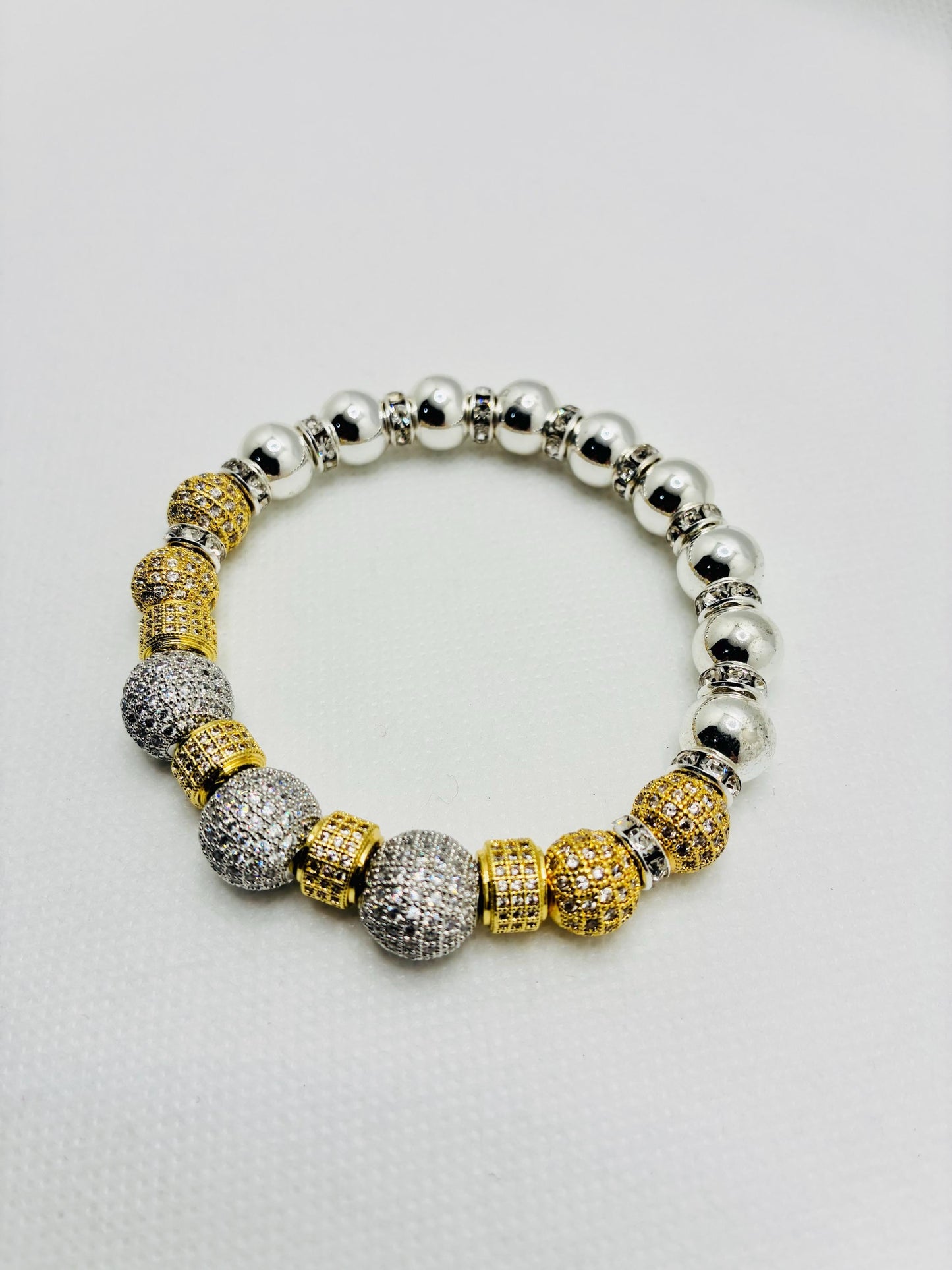 Silver Plated Hematite Bracelet with Gold-Plated and Silverplated Cubic Zirconia Beads