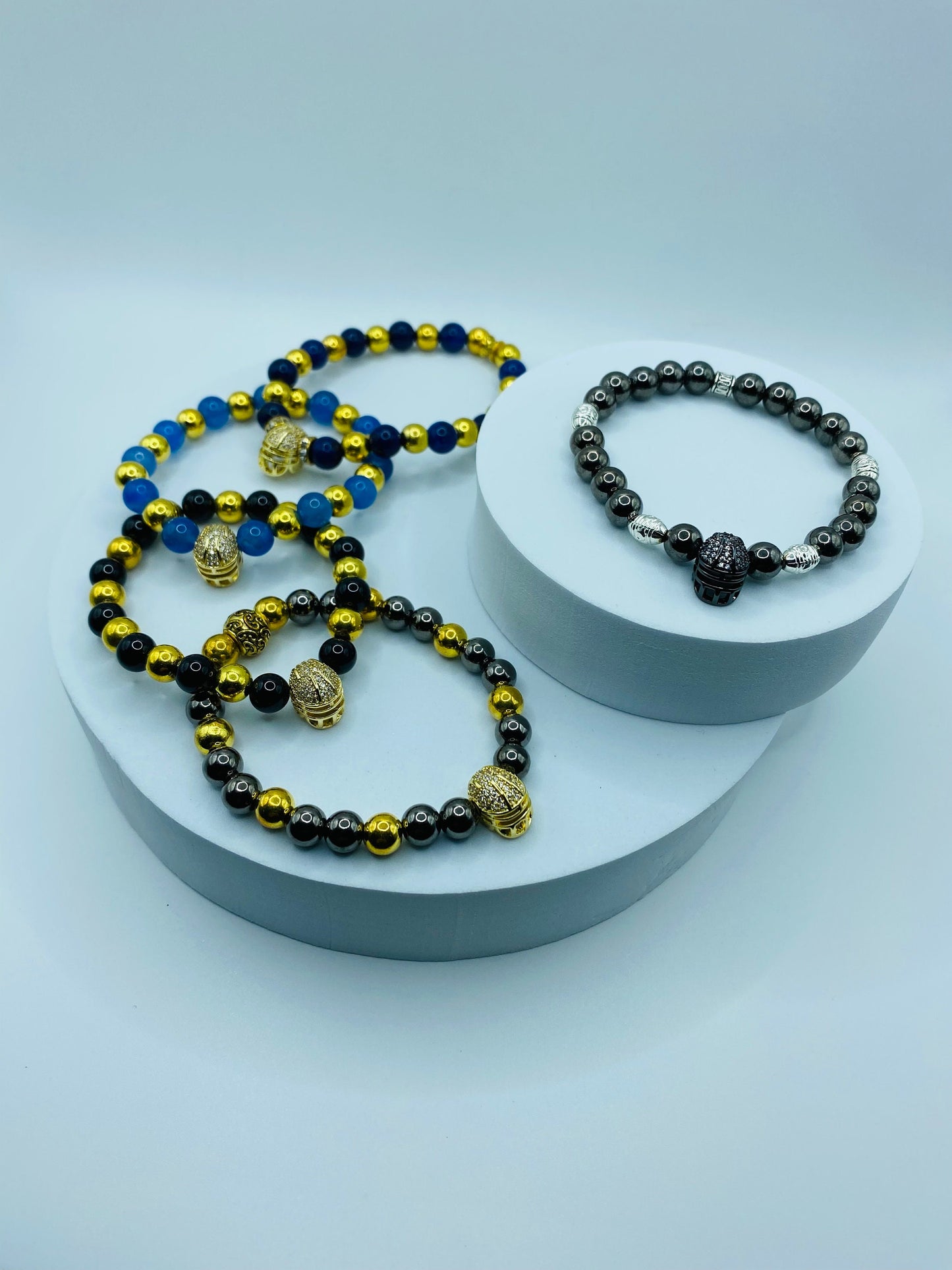 Las Vegas Raiders Mens Bracelet - Hematite Gemstone Beads & Football Helmet - Bracelets for Women