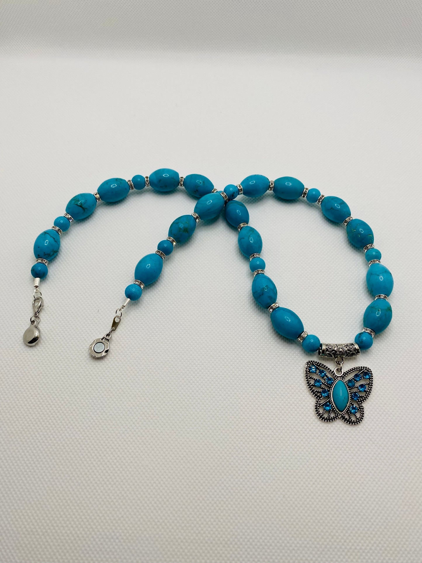 Turquoise Necklace: Butterfly Pendant, Rhinestone Accents