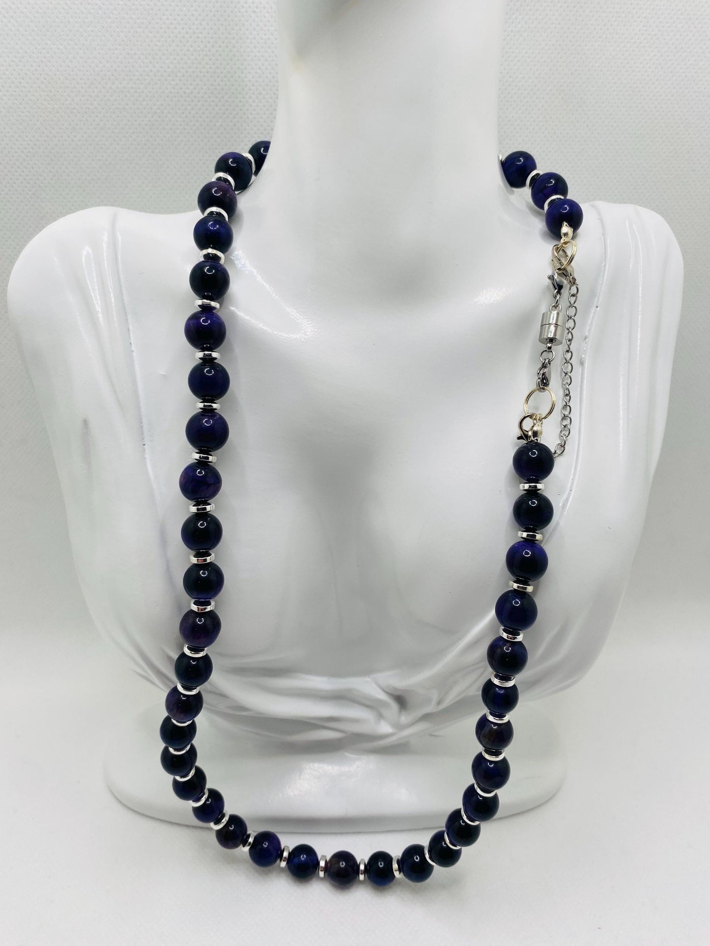 Purple Tigers Eye Necklace: Silver Hematite Gemstone Beaded Jewelry