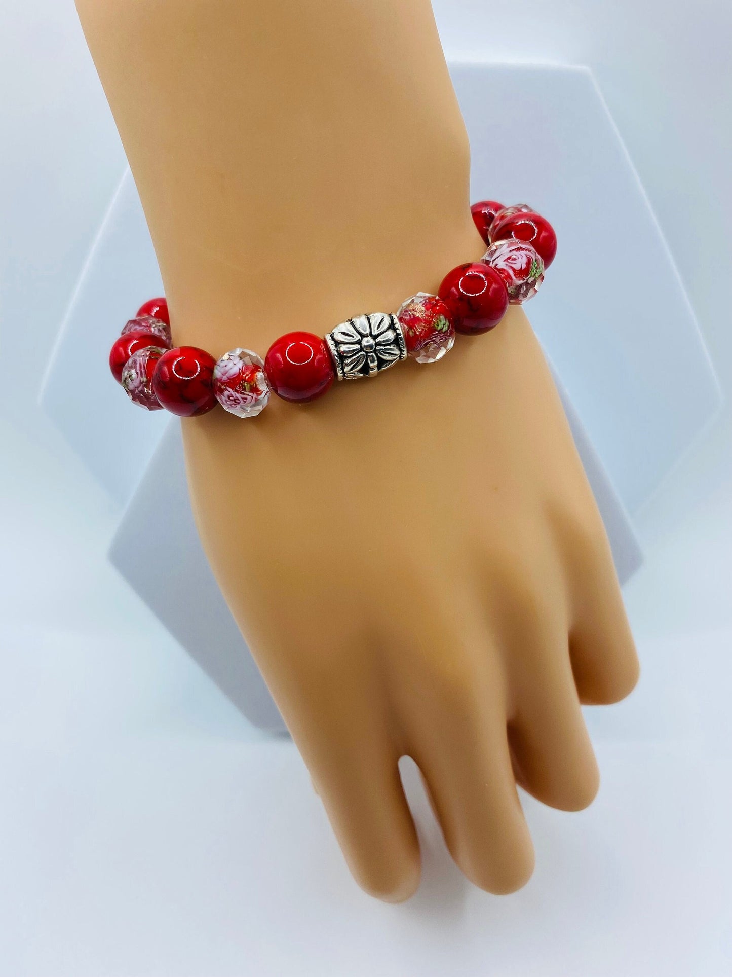 Red Turquoise Bracelet: Bohemian Lampwork Floral Glass Bead Jewelry