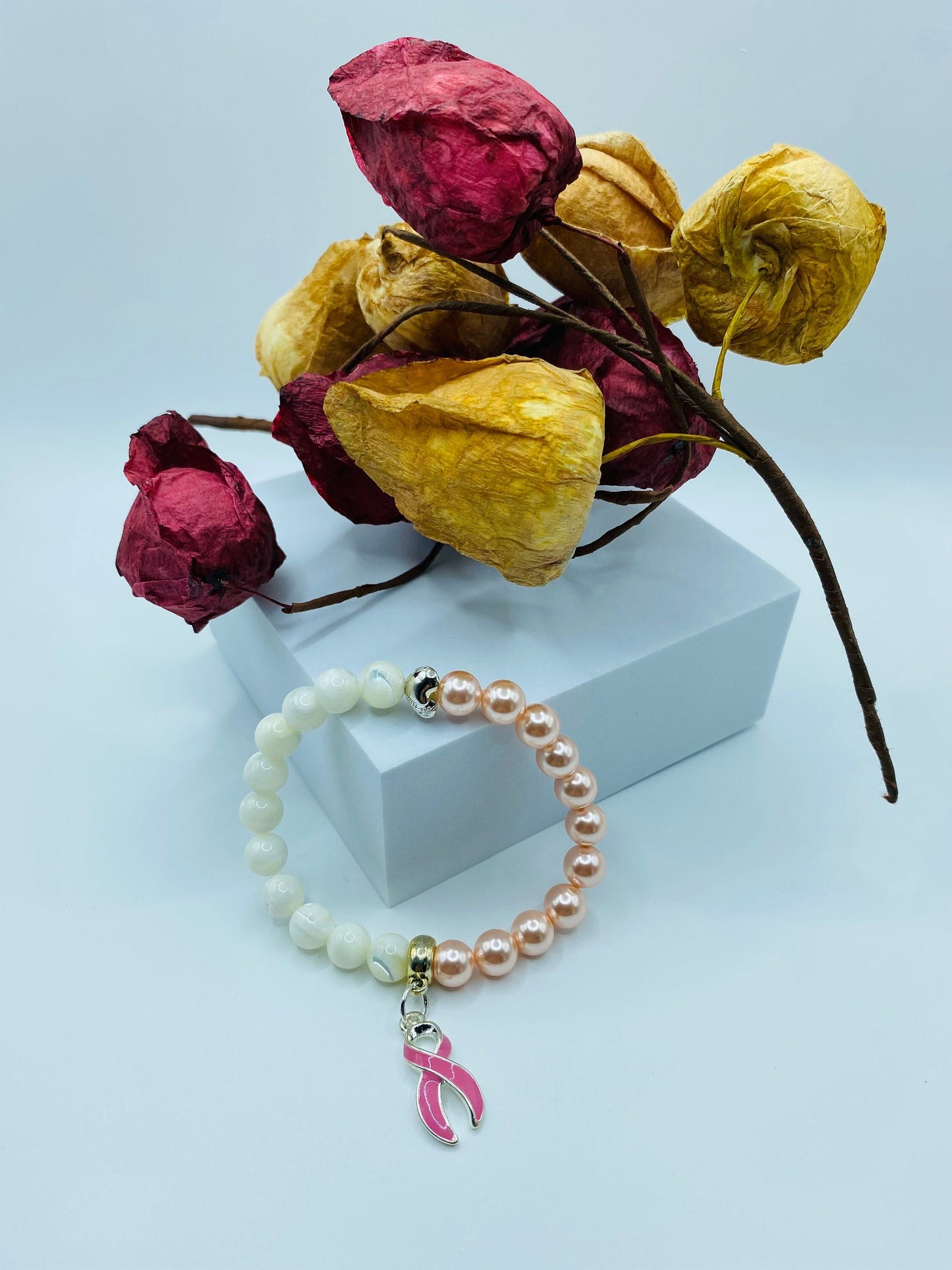 Mother of Pearl Breast Cancer Awareness Bracelet with Pink Ribbon Charm