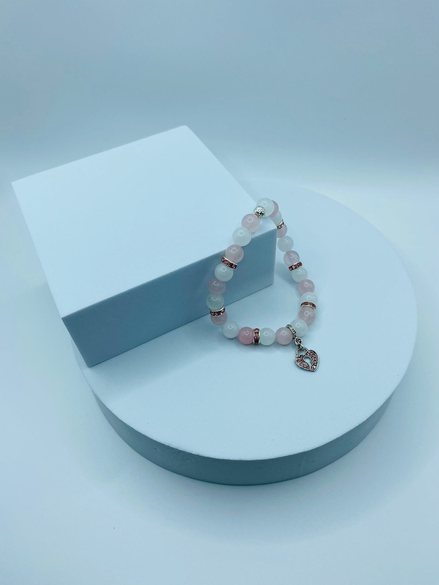 Heart Locket Charm Bracelet: Rose Quartz & White Jade Gemstone Beads