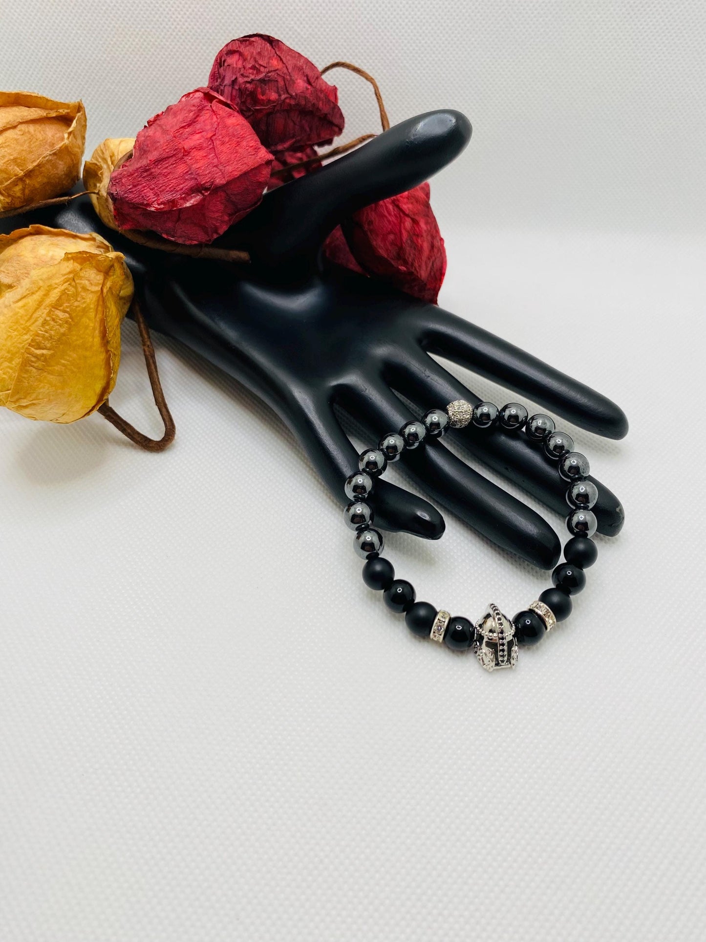 Mens Jewelry Silver Spartan Helmet Bracelet with black Onyx & Hematite Gemstone Beads - Medieval Jewelry