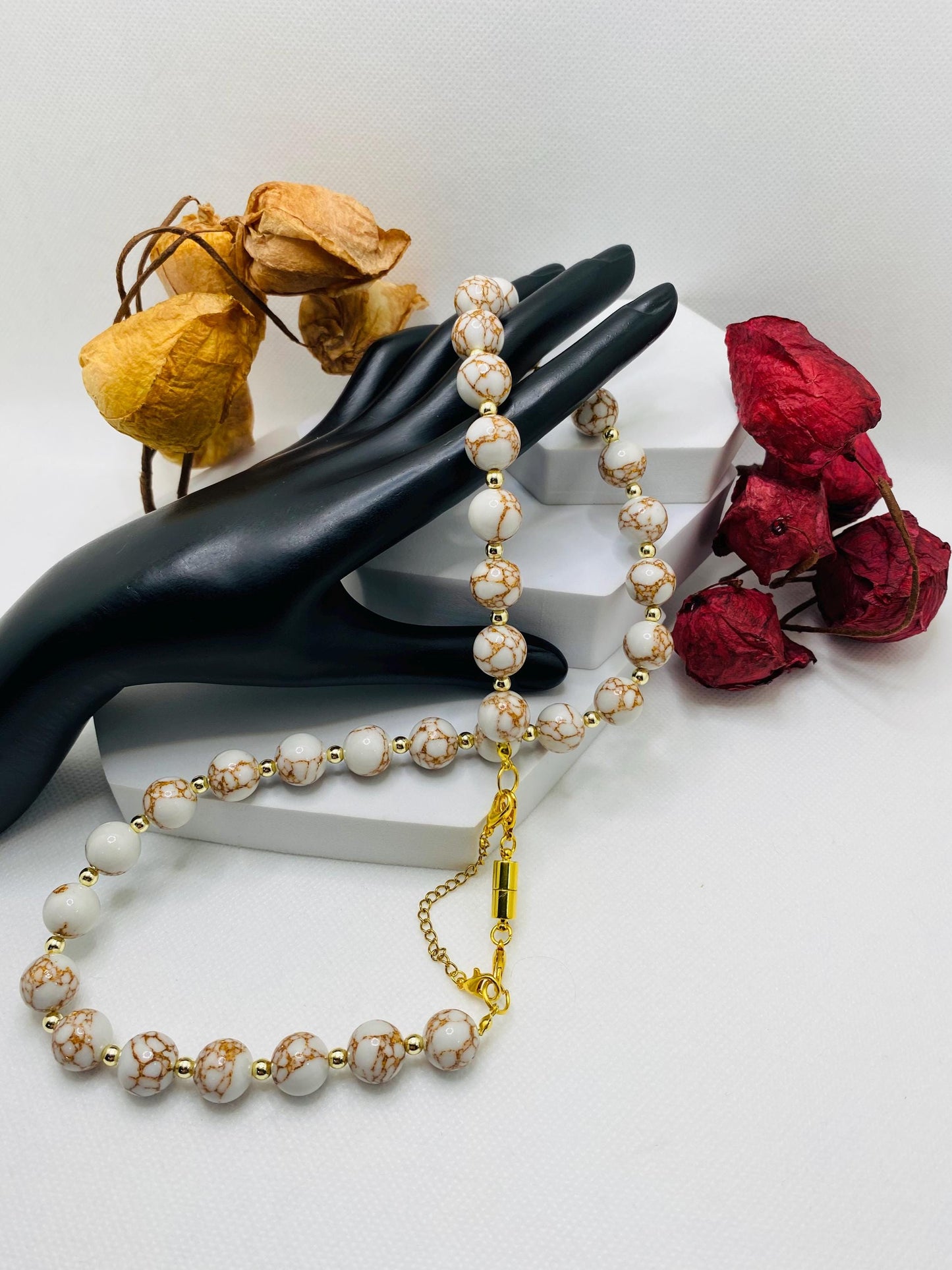 Howlite Gemstone Necklace: Gold Hematite Beaded Jewelry