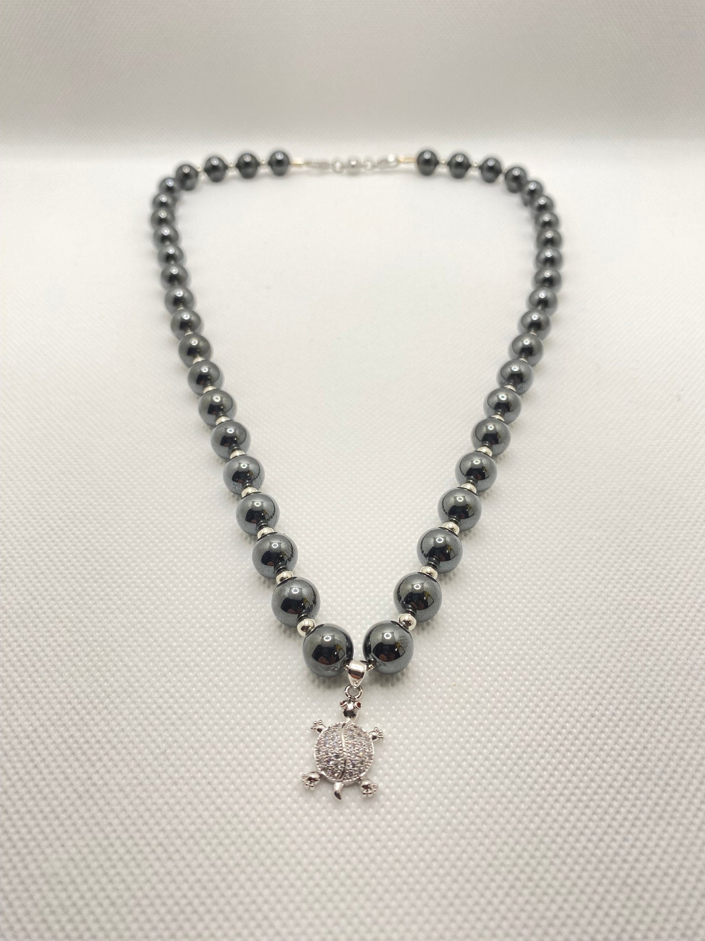 Hematite Gemstone Necklace: Silver Turtle Charm, Handmade Beaded Jewelry