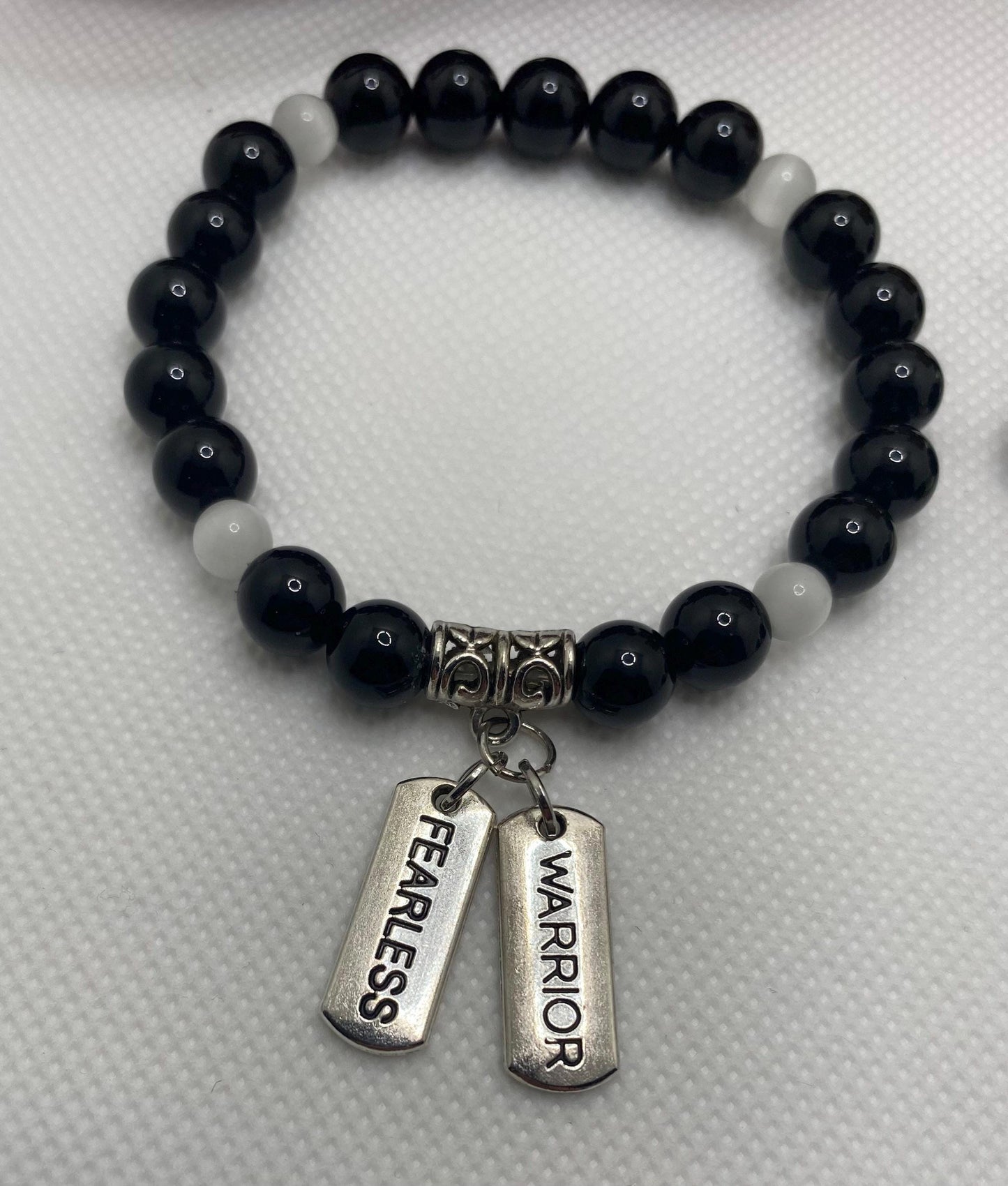 Obsidian & Pearl Charm Bracelet: Stainless Steel Inspirational Quotes