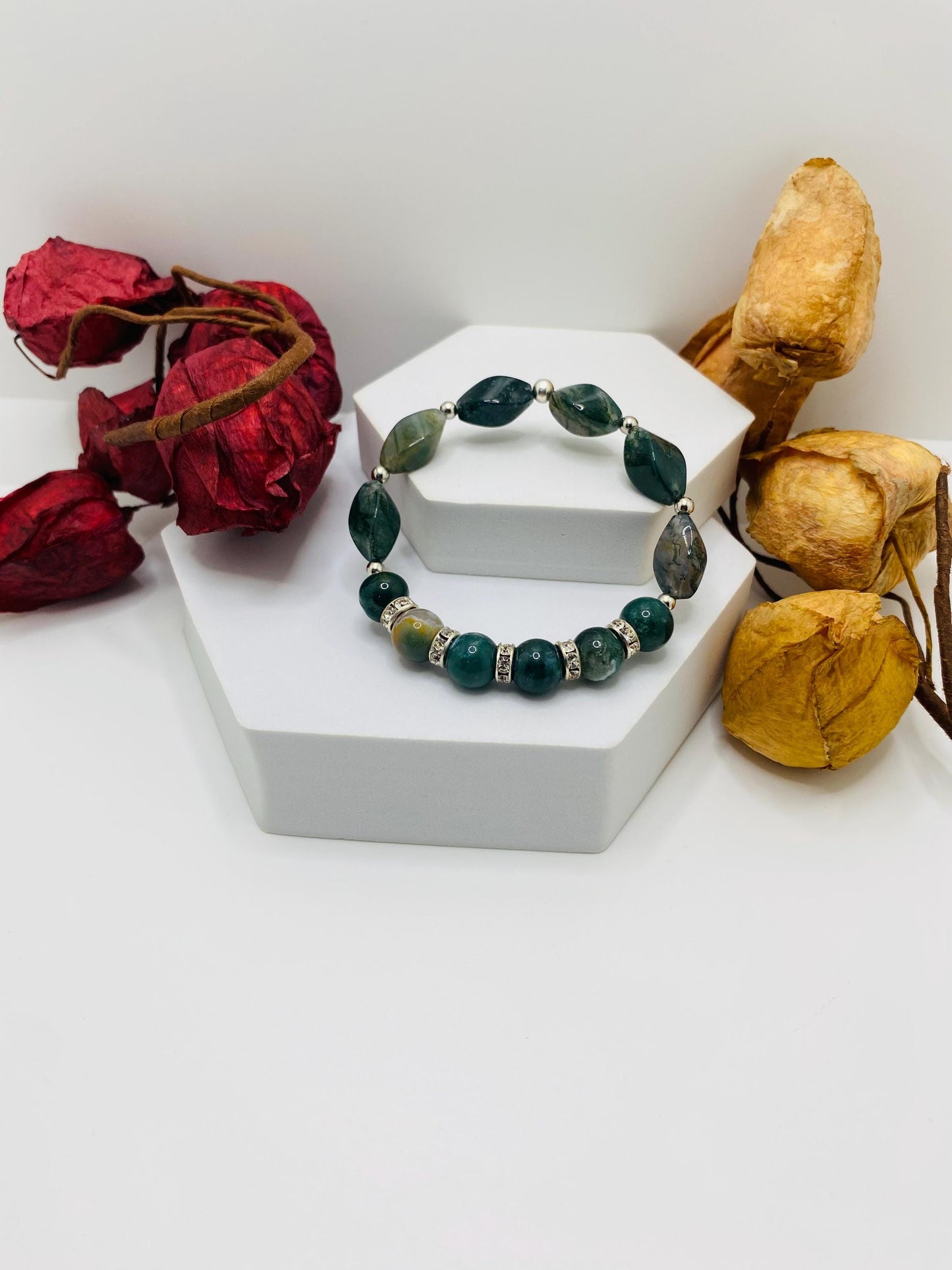 Moss Agate Beaded Bracelet: Gemstone Jewelry with Rhinestone Accents