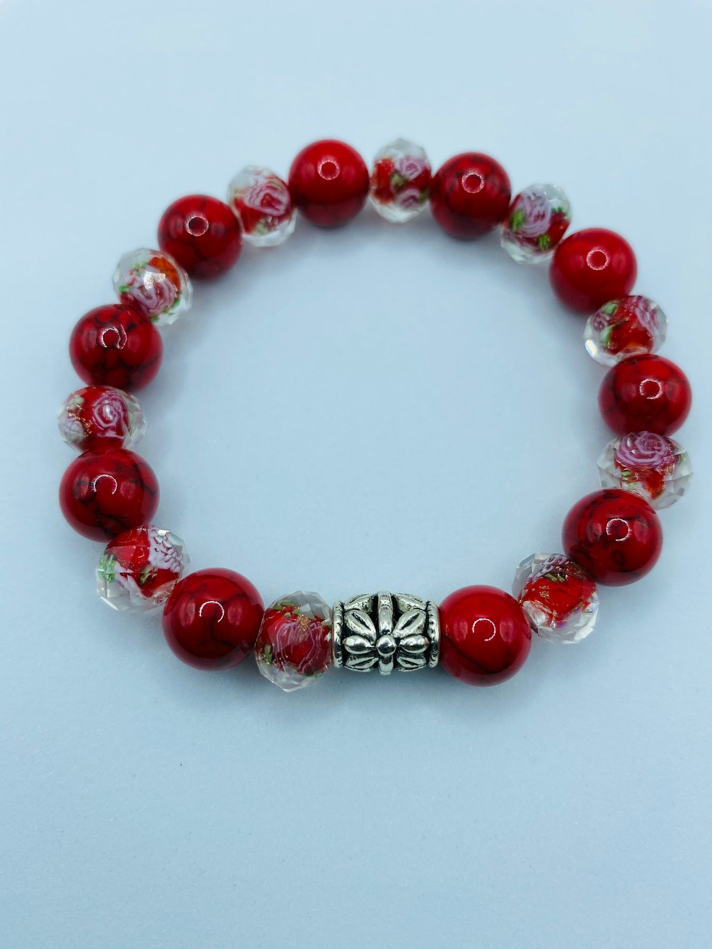Red Turquoise Bracelet: Bohemian Lampwork Floral Glass Bead Jewelry