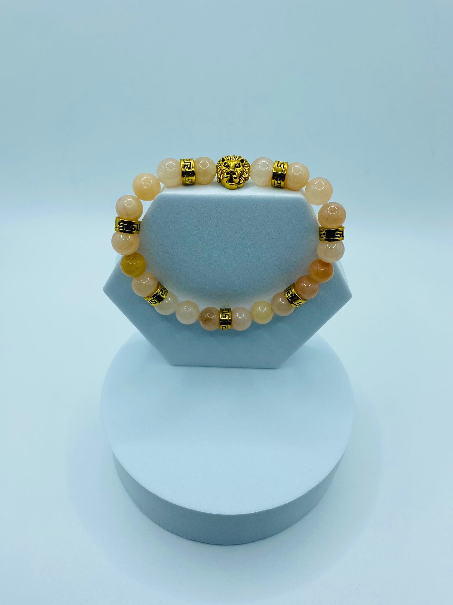 Pink Jade Lion Bracelet: Gold Tibetan Charm Bracelet