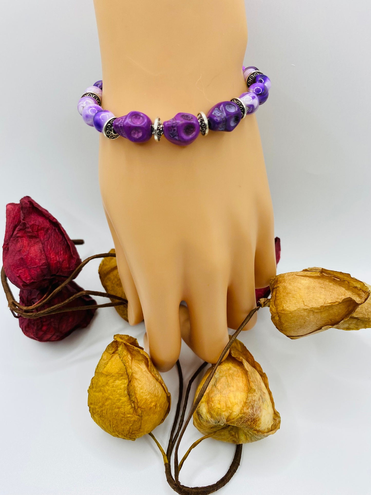 Purple Skull Charm Bracelet: Dia de Los Muertos Gemstone Jewelry