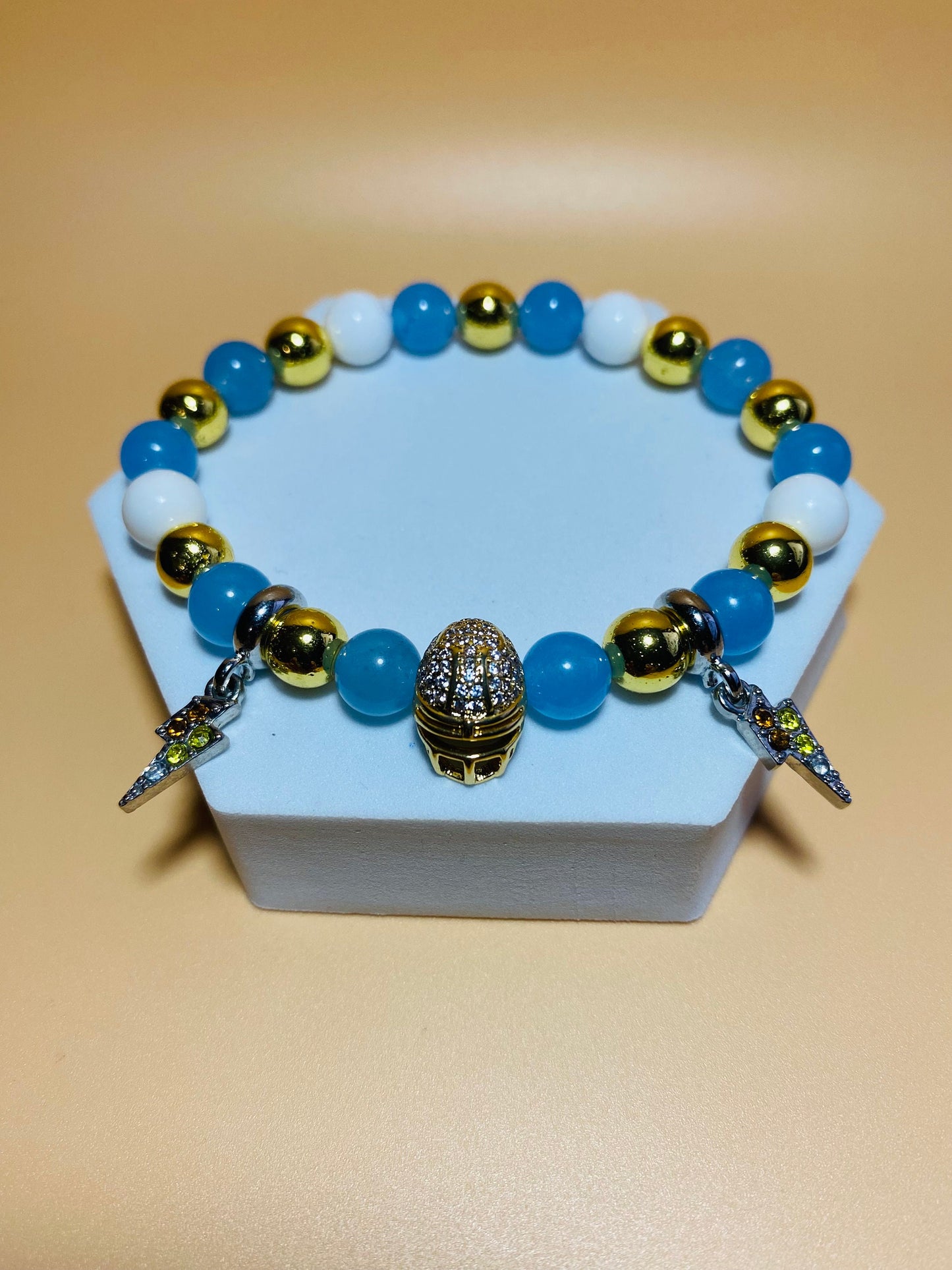 Los Angeles Chargers Mens Bracelet, Lightning Bolt Charms & Golden Football Helmet - Natural Gemstone Beads