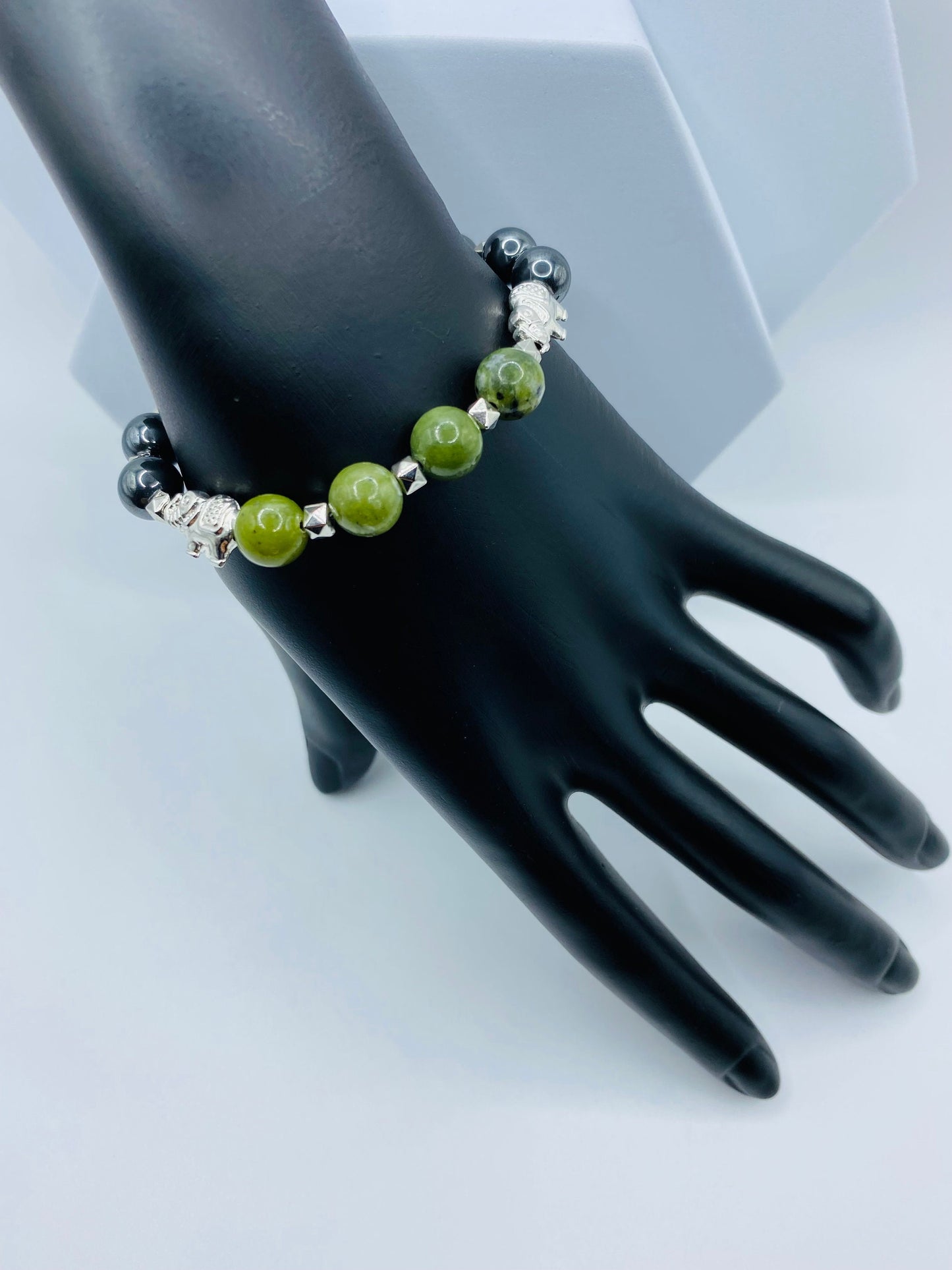 Elephant Jewelry White Gold Womens Bracelet with Jade & Hematite Gemstone Beads - Elephant Gifts