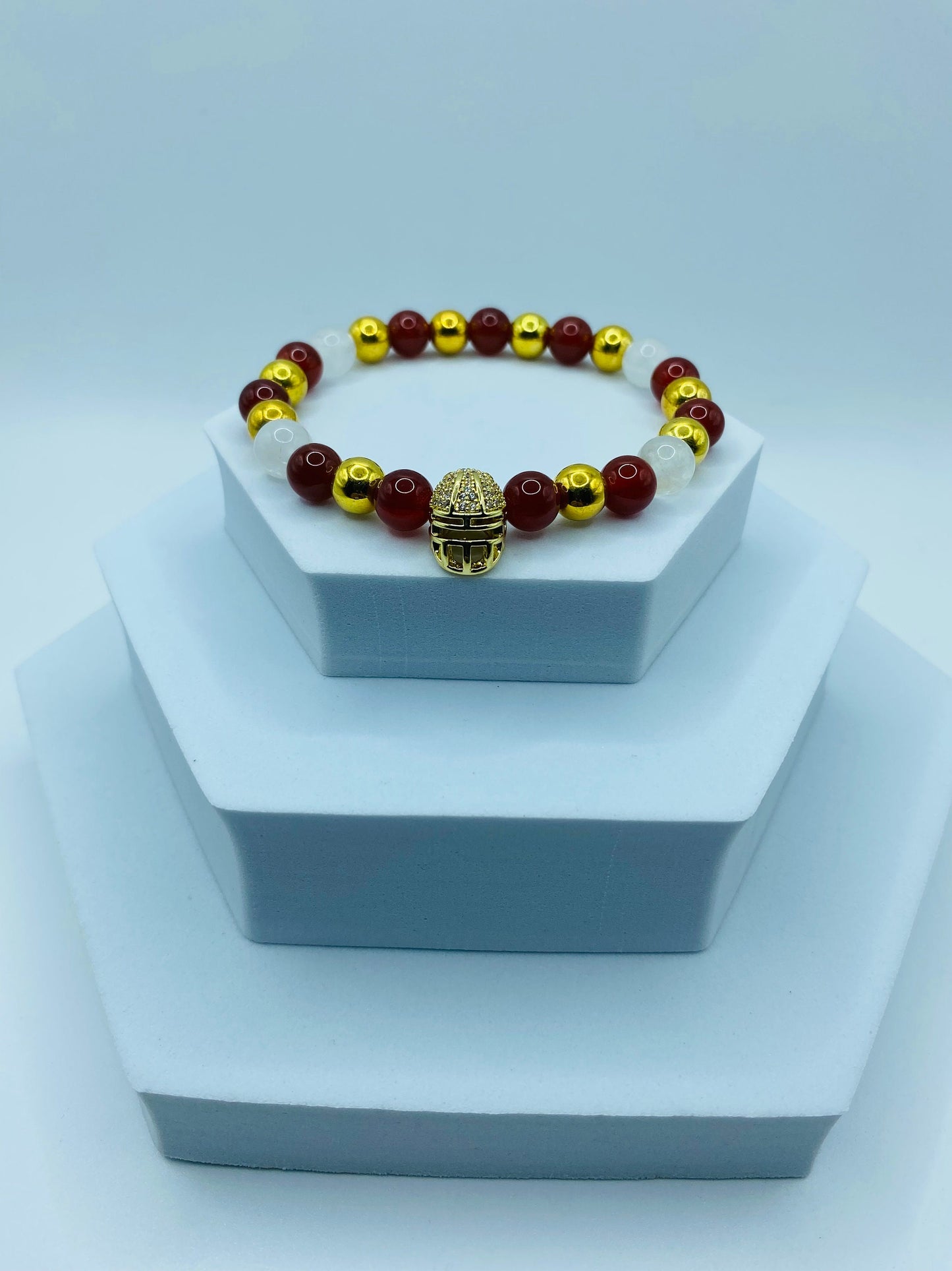 49ers Gemstone Bracelet: CZ Football Helmet, Jade & Carnelian Beads