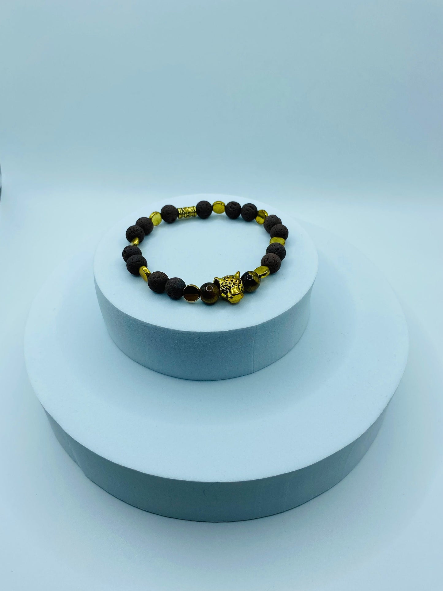 Lava Rock Bracelet: Leopard Charm, Tiger's Eye Beads, Handmade