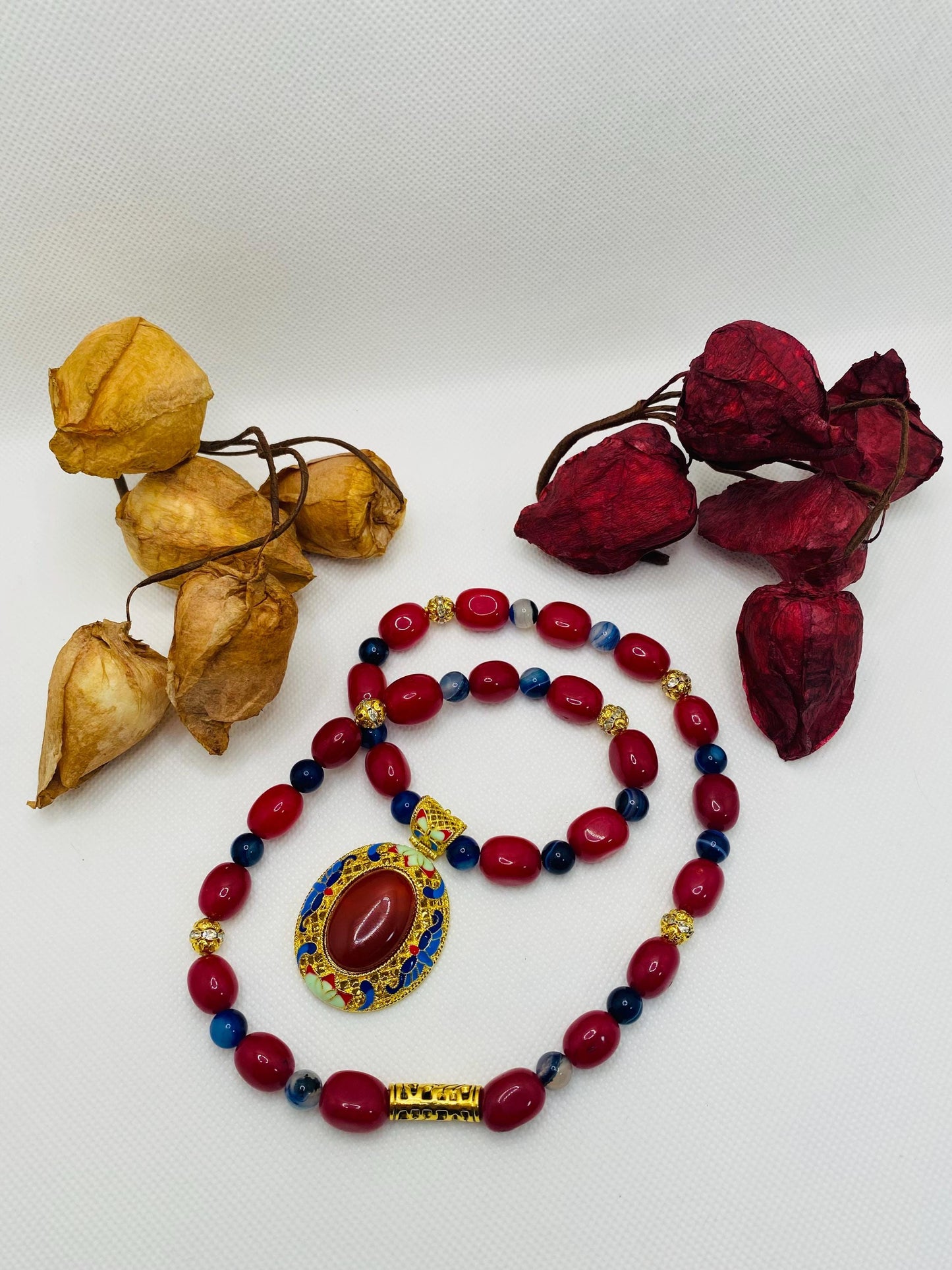 Chalcedony Pendant Necklace: Red Jade & Agate Gemstone Boho Jewelry