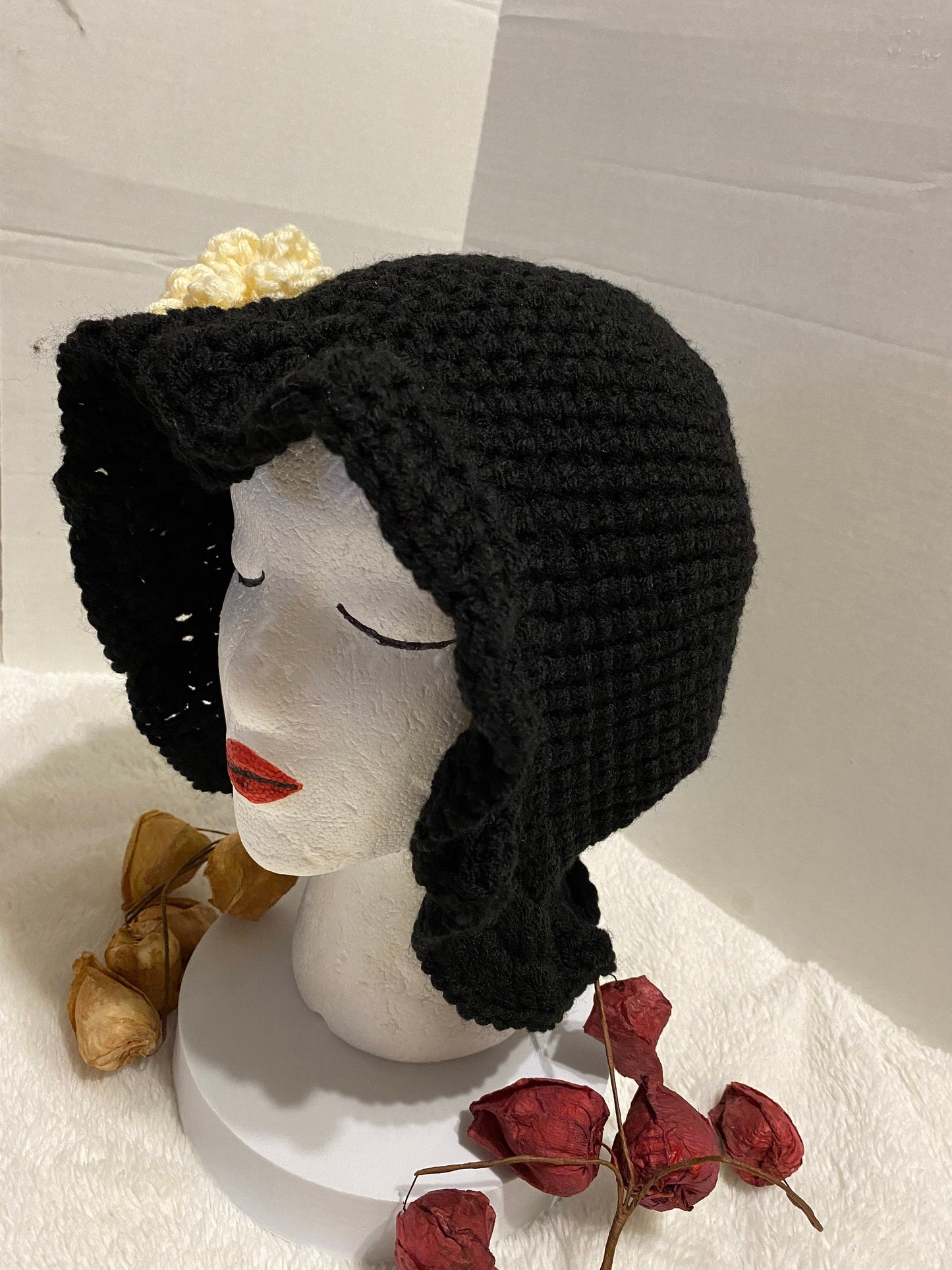 Black Crochet Bucket Hat with White Flower: Handmade Acrylic Hat