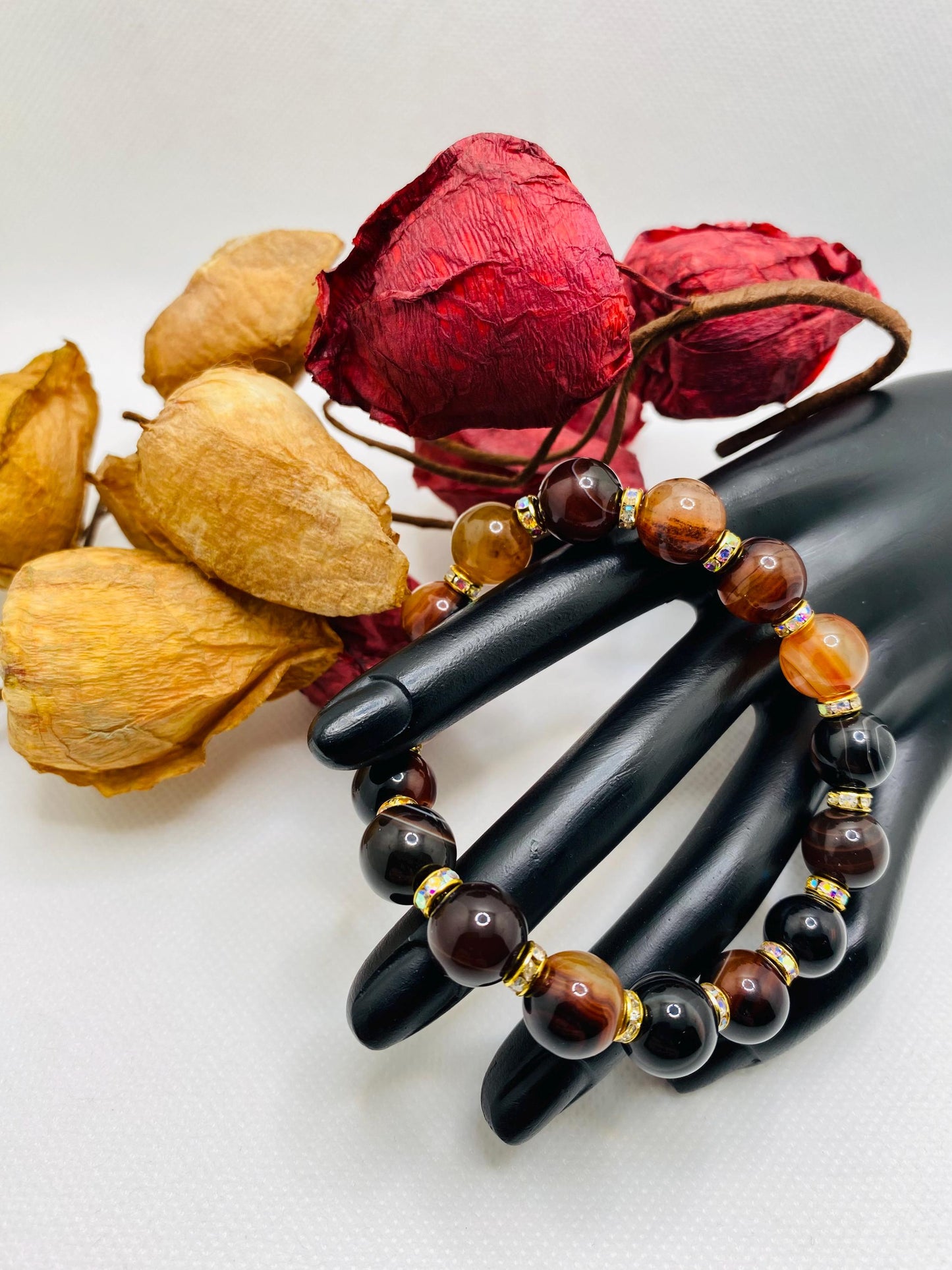 Red Dream Agate Gemstone Bracelet: Chunky Rhinestone Rondelle Jewelry