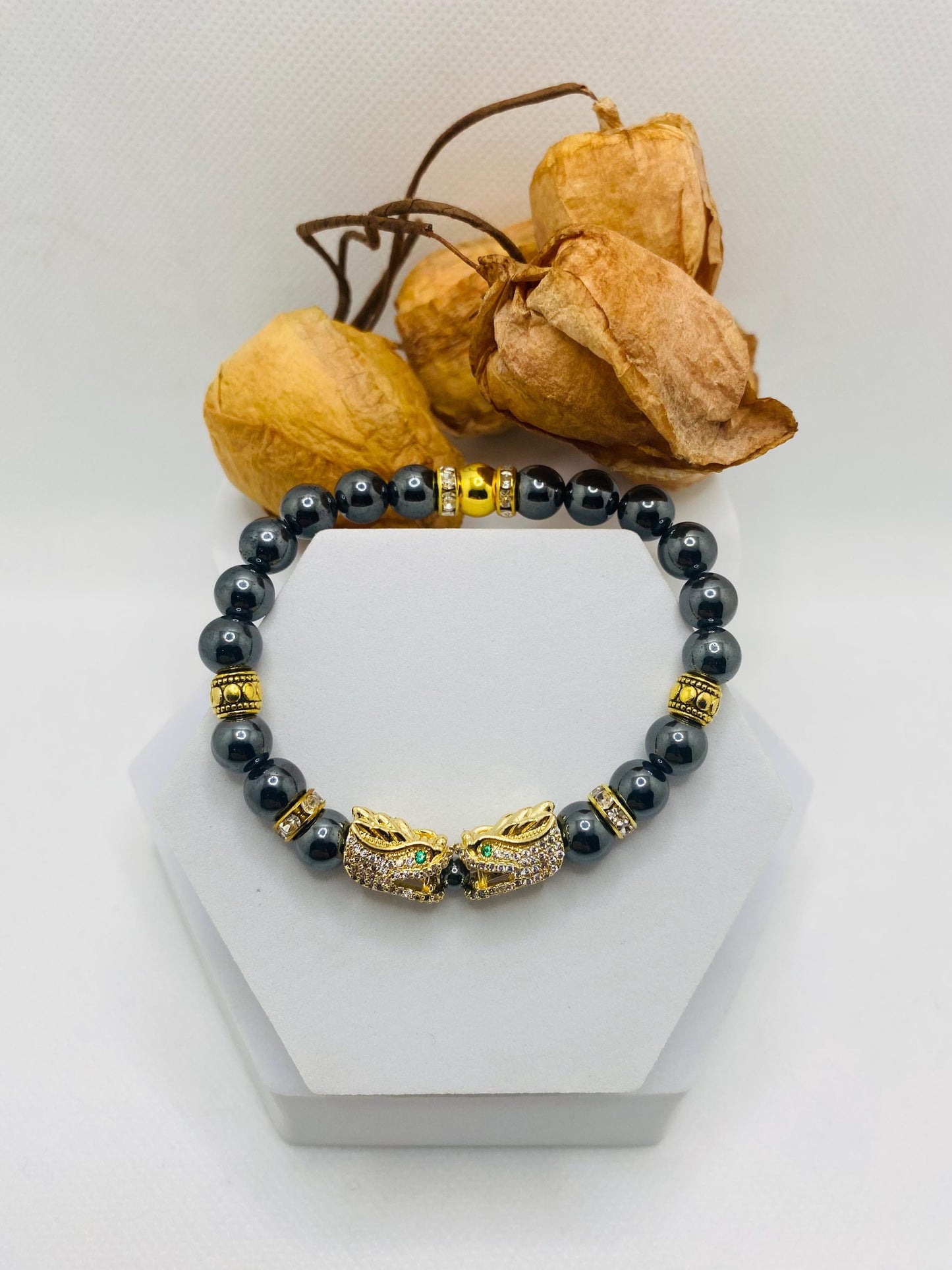 Hematite Dragon Bracelet: Gold Plated Charm, Rhinestone Spacers