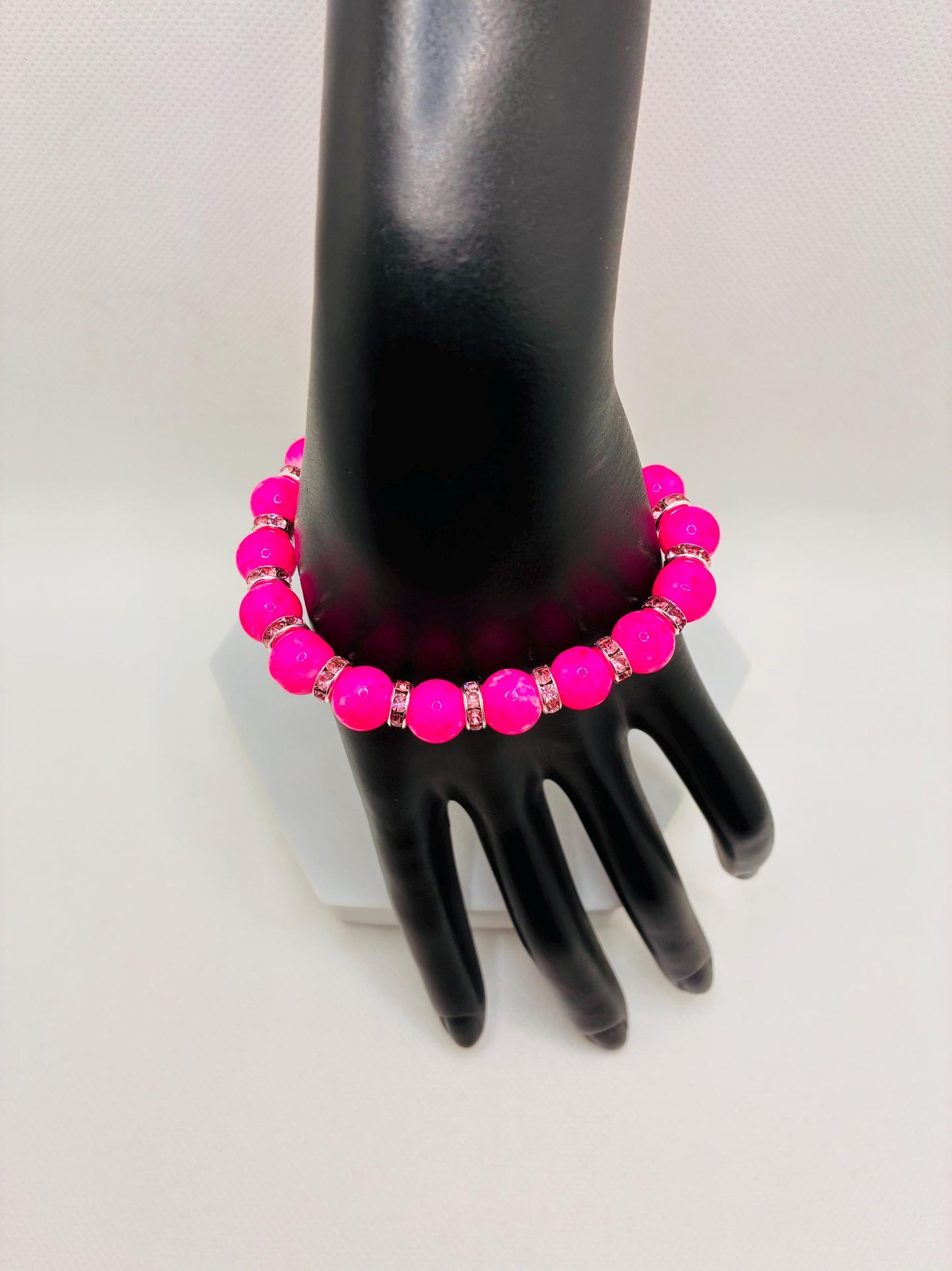Hot Pink Crystal Glass Bead Bracelet with Silverplated Pink Rhinestone Rondelles