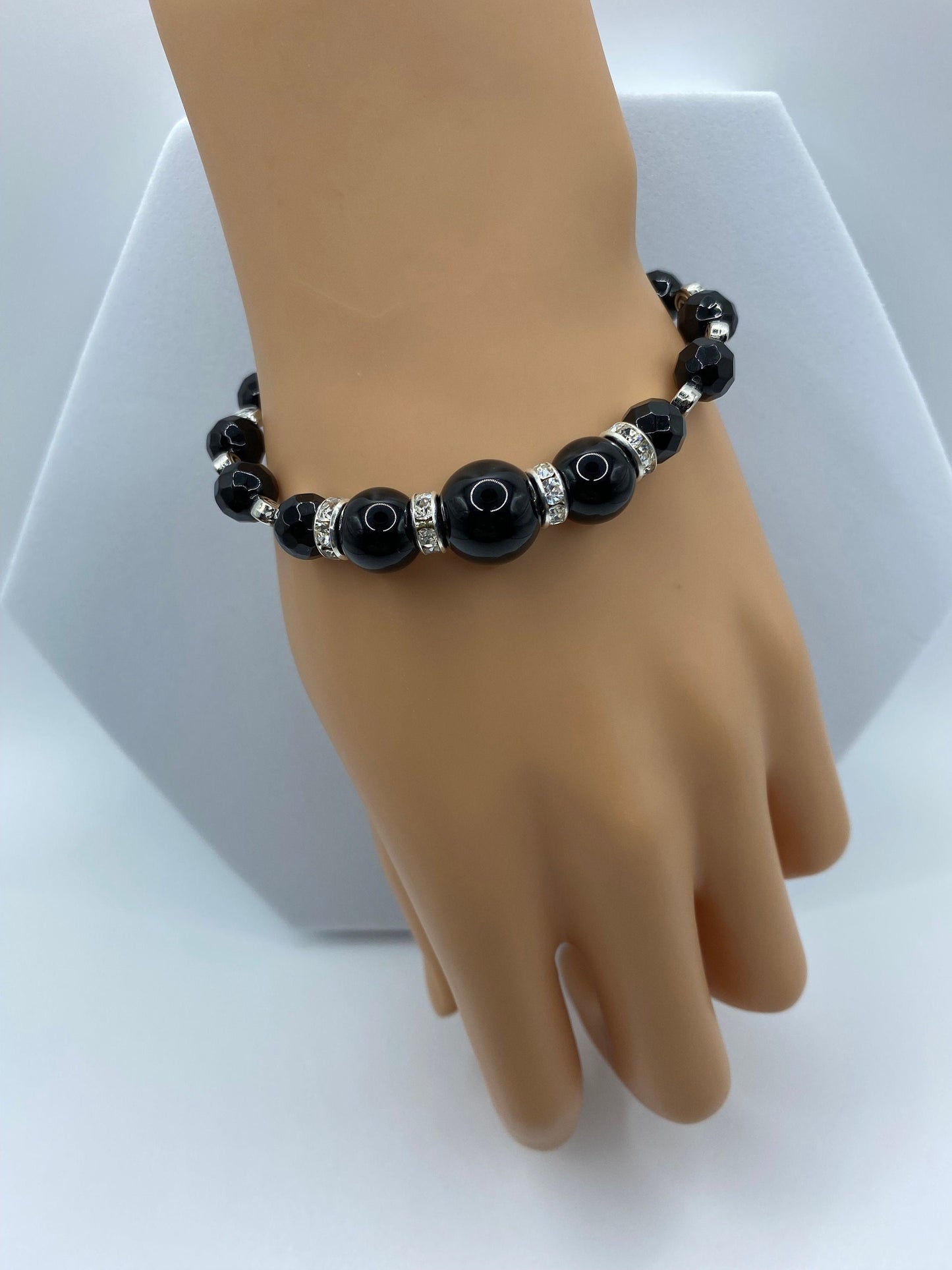 Black Onyx Bracelet: White Gold Heart Charm, Rhinestone Rondelles